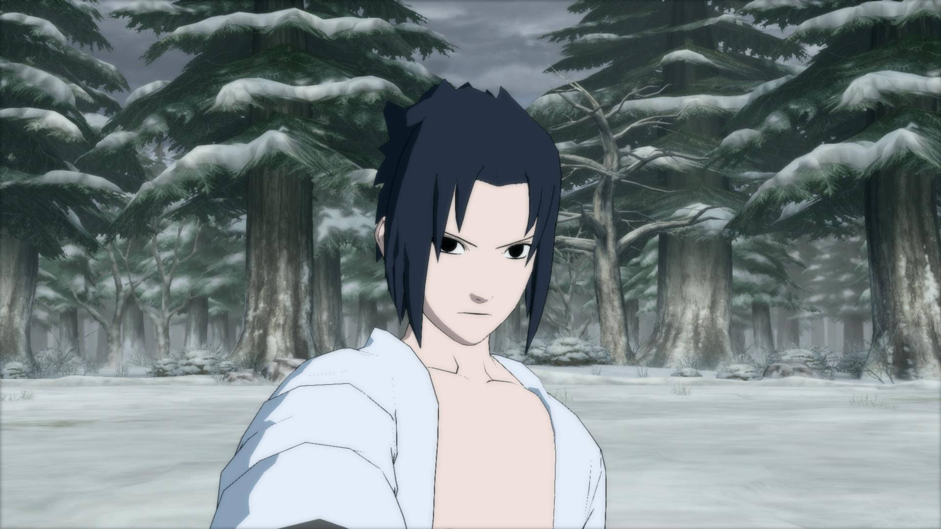 Sasuke 雪地生態 4K 壁紙 — 一個年輕的動漫角色，深色頭髮，站在雪地森林中，雪覆蓋的松樹下，天空灰濛濛。