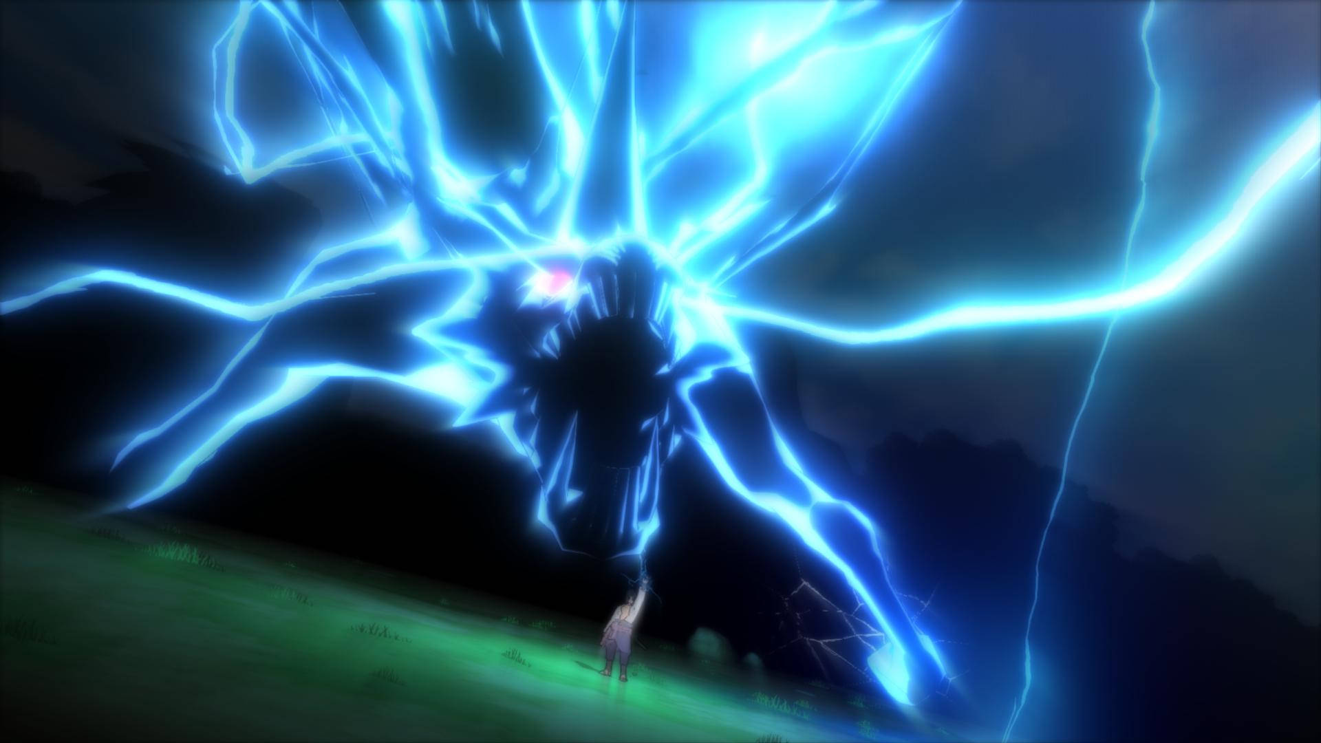 Sasuke 龍形千鳥 4K 壁紙 — 一個孤獨的身影站在黑暗的田野中，面對從地面噴發的巨大藍色閃電實體。