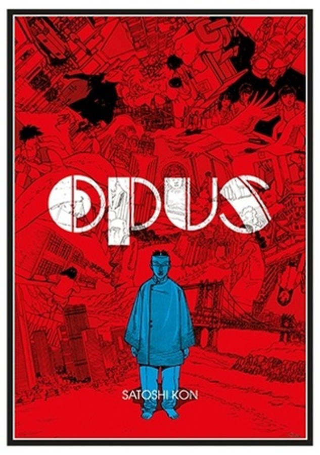 Satoshi Kon 創意藝術呈現 壁紙 — 一個孤獨的藍色西裝人物站在混亂的紅色背景中央，背景充滿黑色墨水飛濺和素描風格的城市元素。