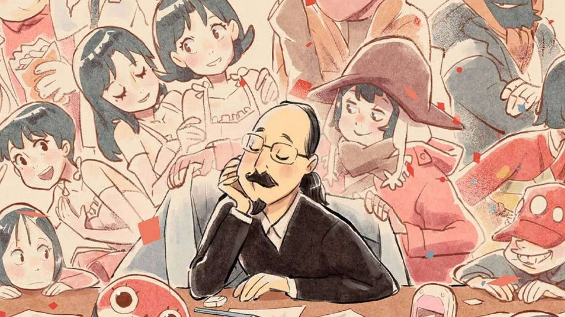 一個戴眼鏡和鬍子的男人坐在桌子旁，周圍是微笑的動漫兒童。