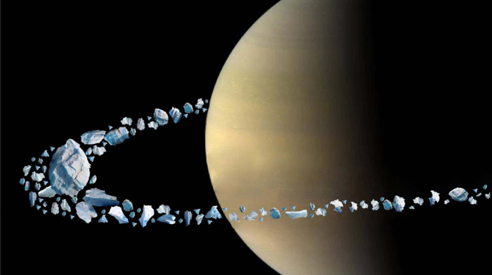 深空中帶有冰環碎片的行星
