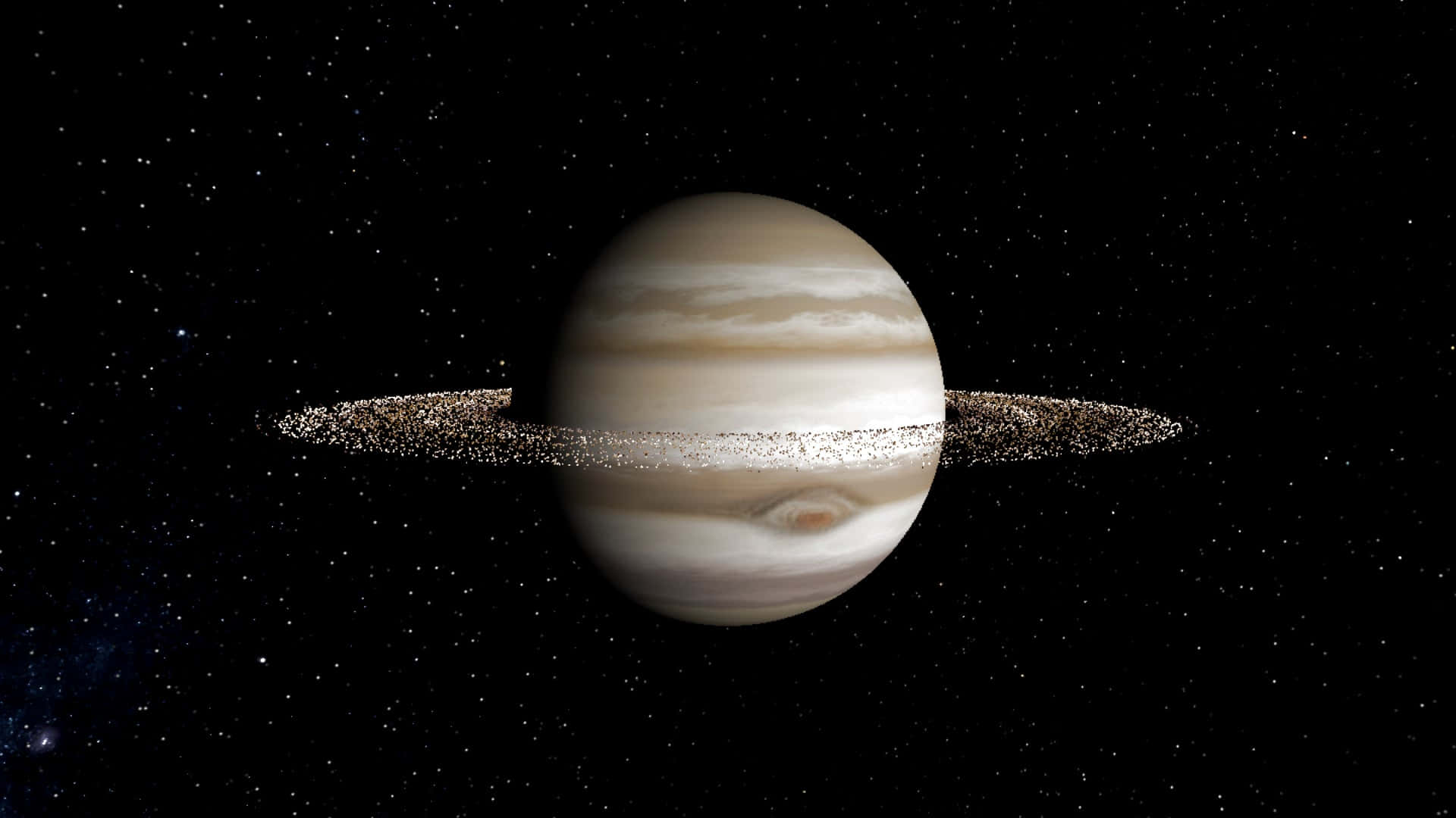 帶有暗淡光環的木星，背景是星光燦爛的宇宙。