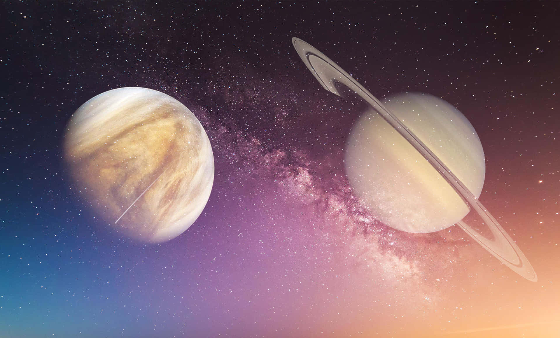 兩顆帶有光環的行星漂浮在色彩繽紛的星際星系中。