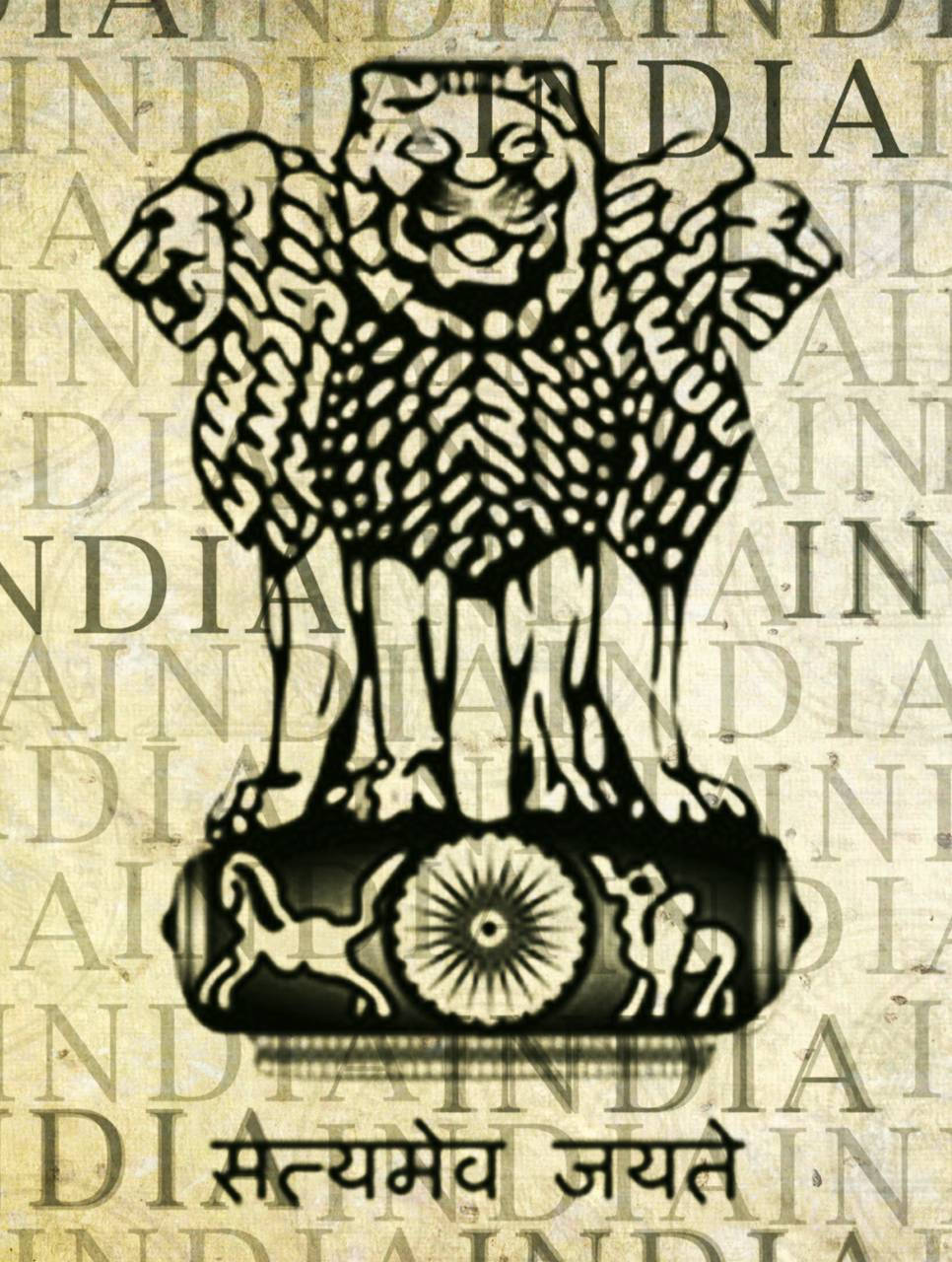 數位印製國訓「Satyamev Jayate」圖騰 壁紙 — 印度國徽的黑白插圖，以獅子柱頭和格言「Satyameva Jayate」為特色，背景帶有紋理。