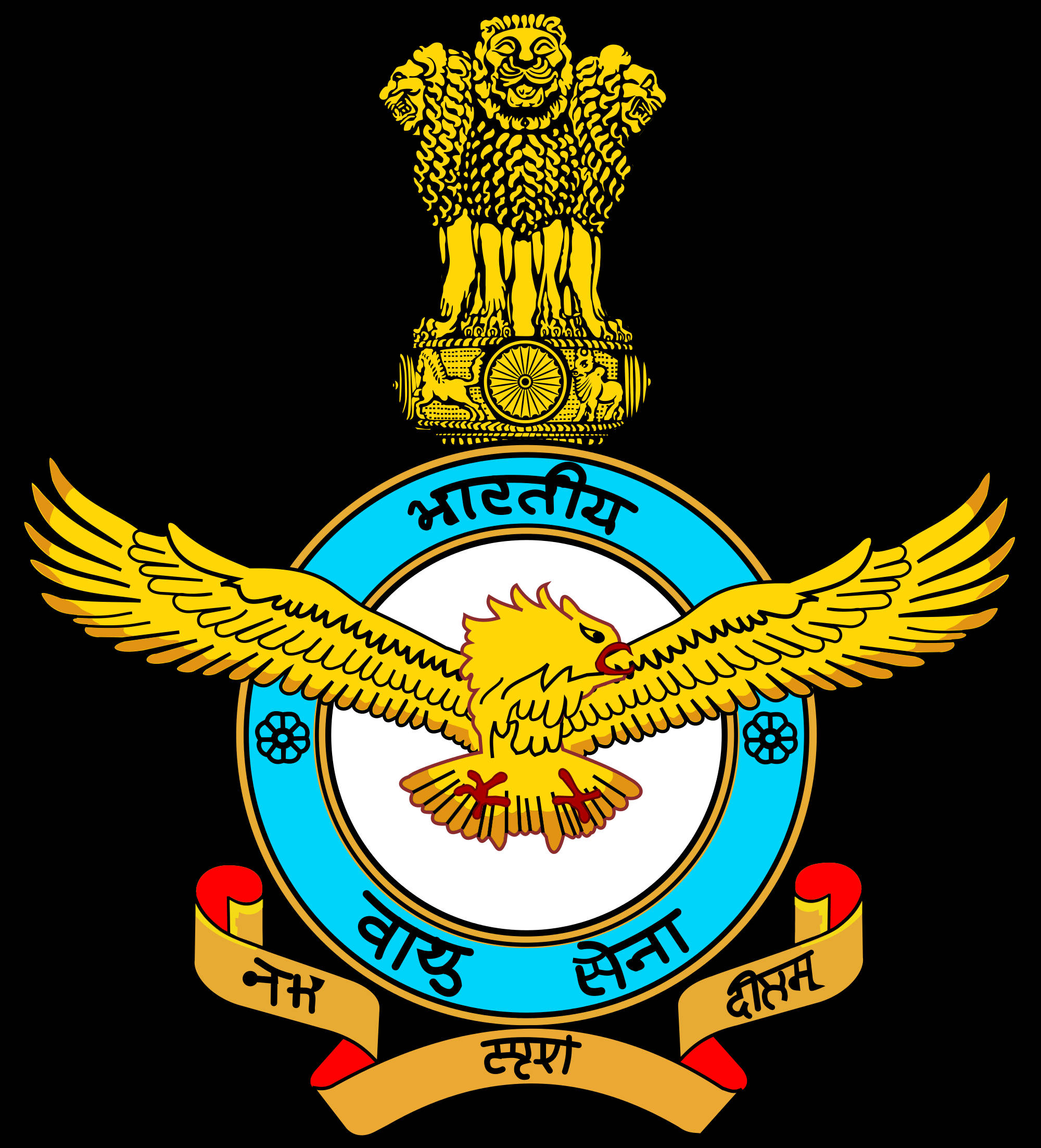 印度空軍徽章變體：融入國訓「Satyamev Jayate」 壁紙 — 金色印度空軍徽章，上有展翅雄鷹及頂部的阿育王法輪，背景為黑色。
