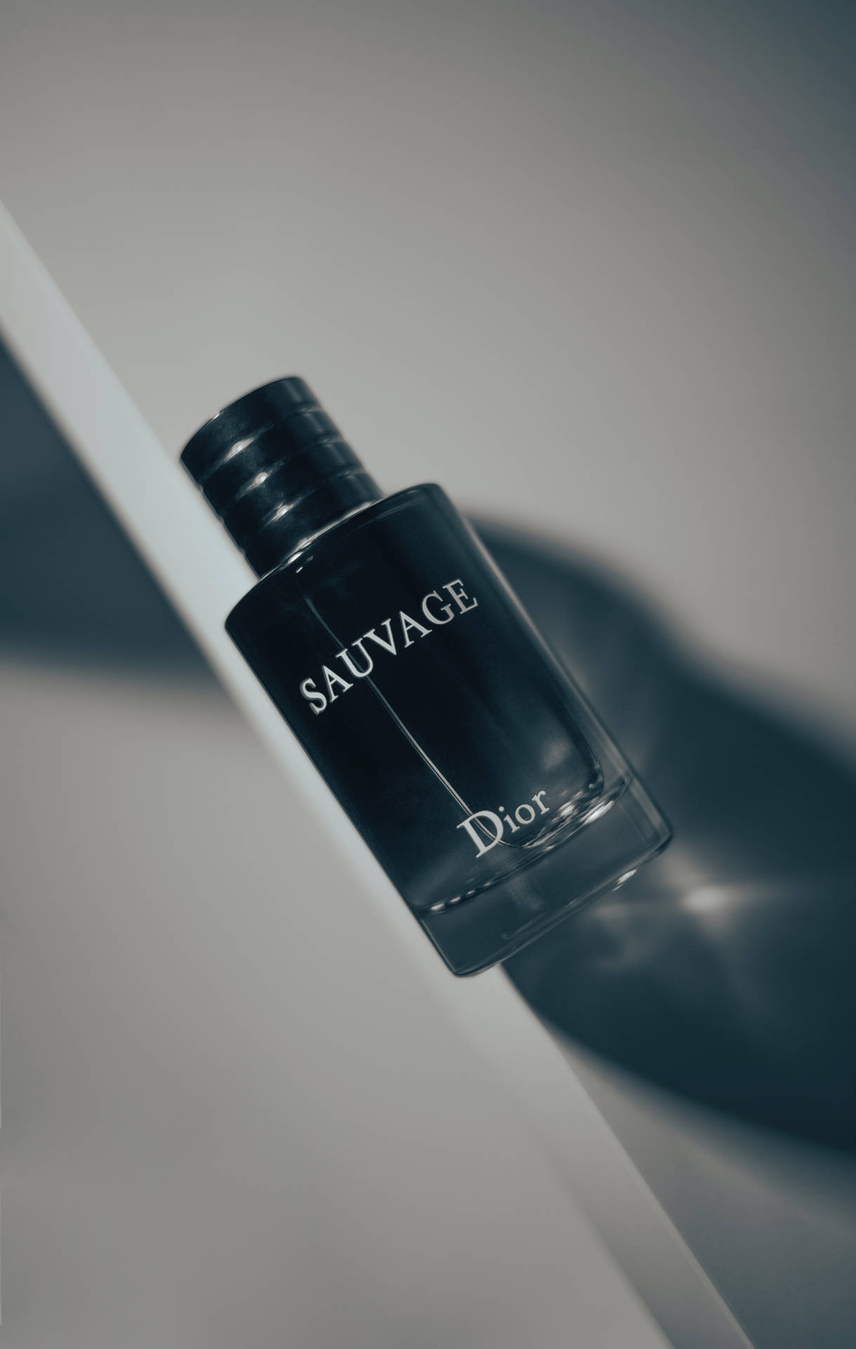 黑色 Dior Sauvage 香水瓶在白色表面上，帶有柔和陰影。