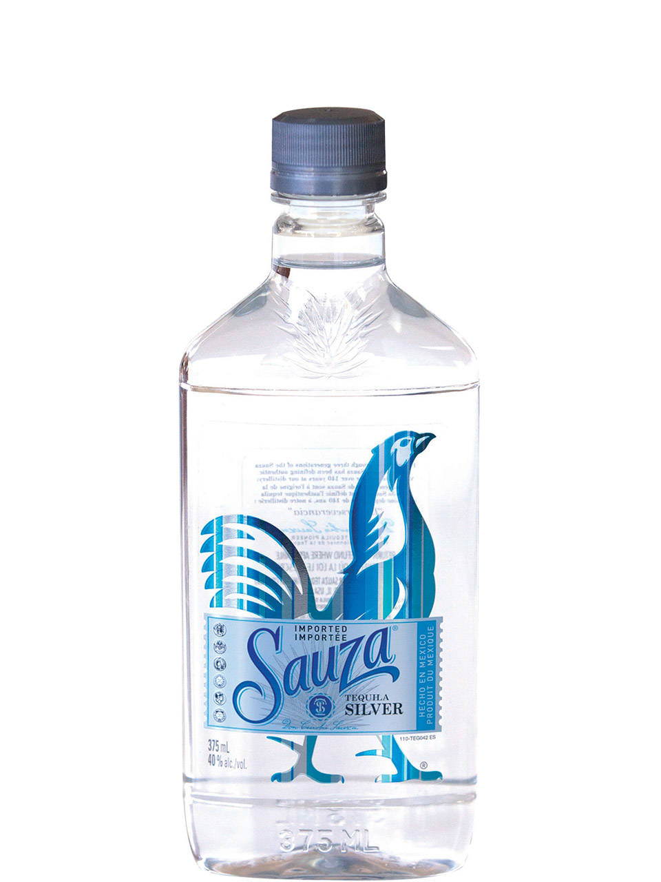標題：一瓶Sauza Hacienda Silver Tequila 壁紙 — 一個透明玻璃瓶的Sauza Silver Tequila，帶有藍色標籤，上面有風格化的鳥類設計，背景為白色。