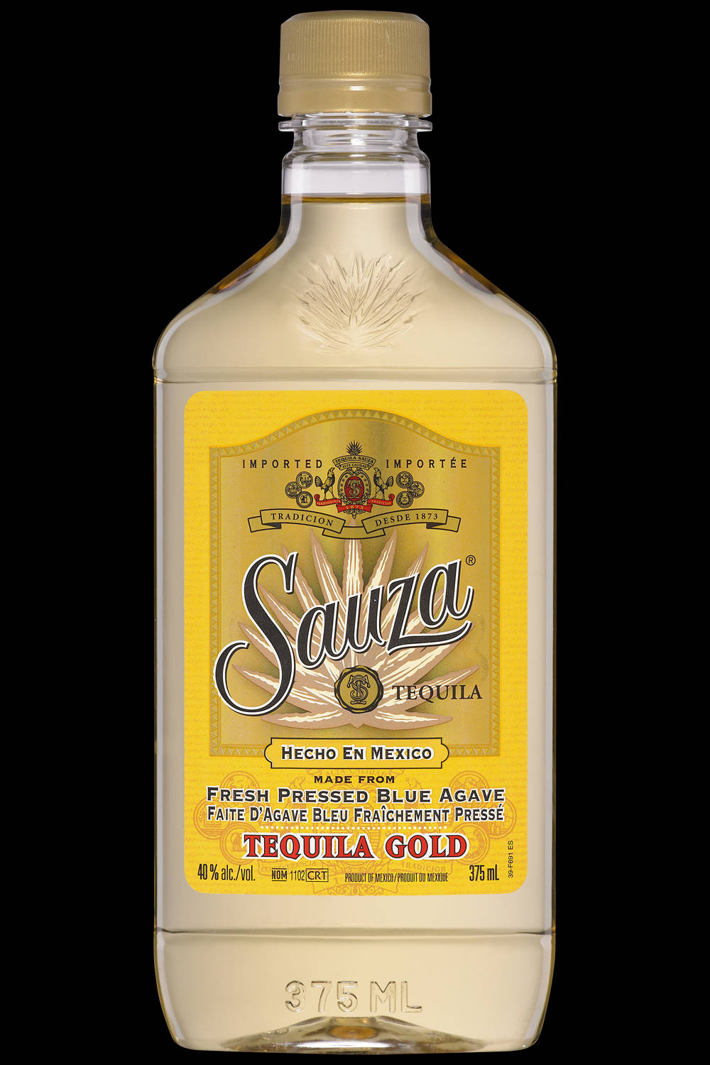 黑色背景上嘅Sauza Tequila Gold酒樽，黃色標籤