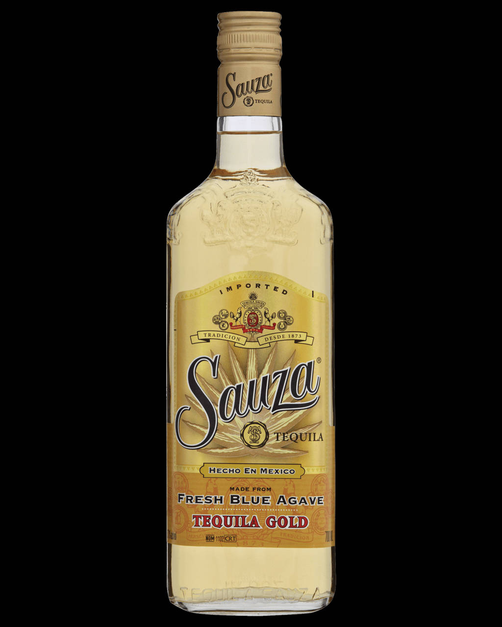 Sauza Tequila Gold 酒瓶，金色標籤，黑色背景