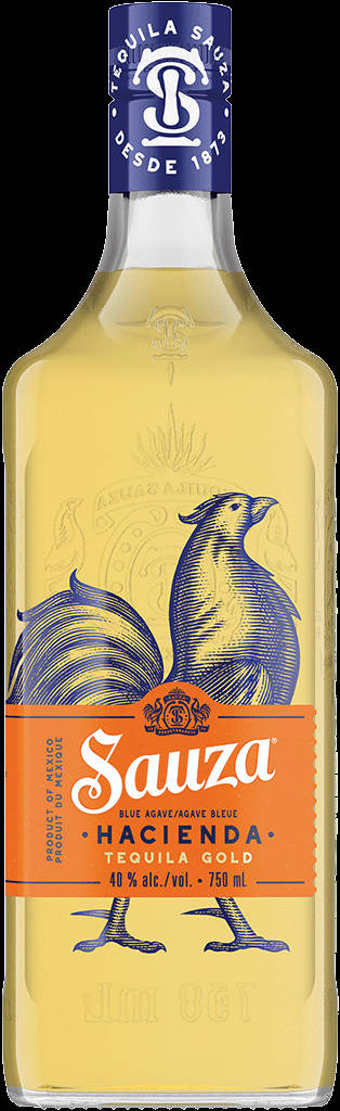 帶有藍色公雞設計的Sauza Hacienda Tequila Gold瓶。