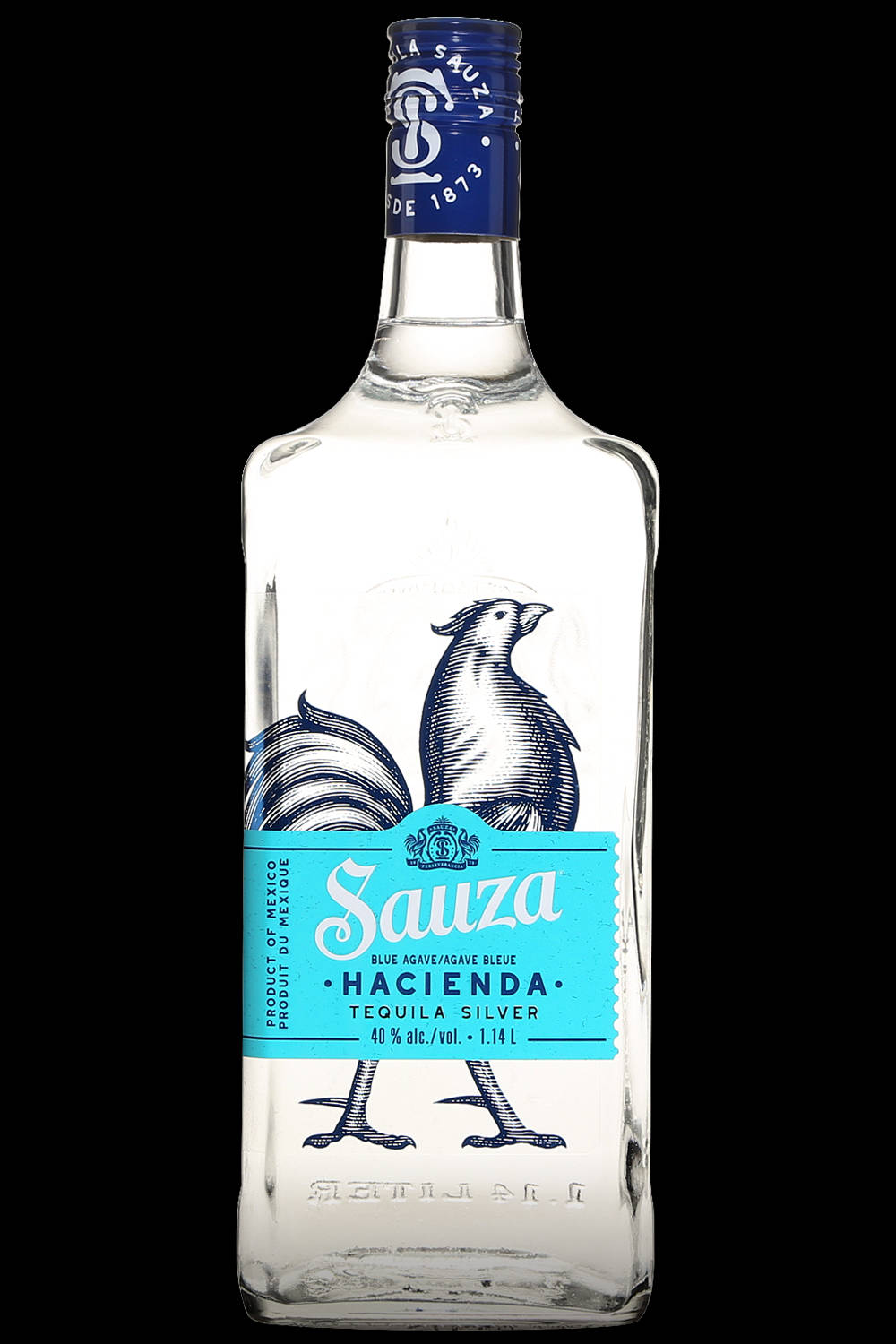 Sauza Hacienda Blue Agave Silver Tequila 酒瓶，藍綠色標籤上有公雞設計。