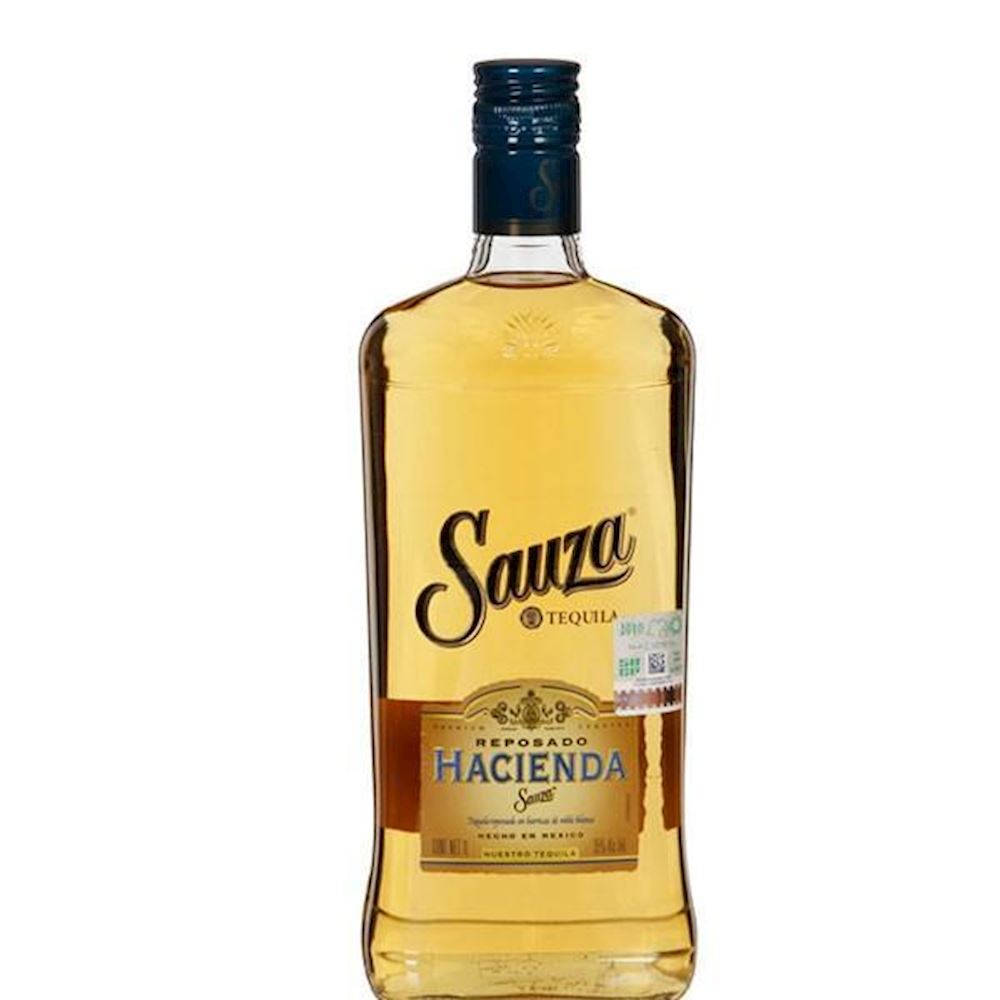 Sauza Hacienda Reposado 龍舌蘭酒瓶，裝有金色液體和藍色瓶蓋。