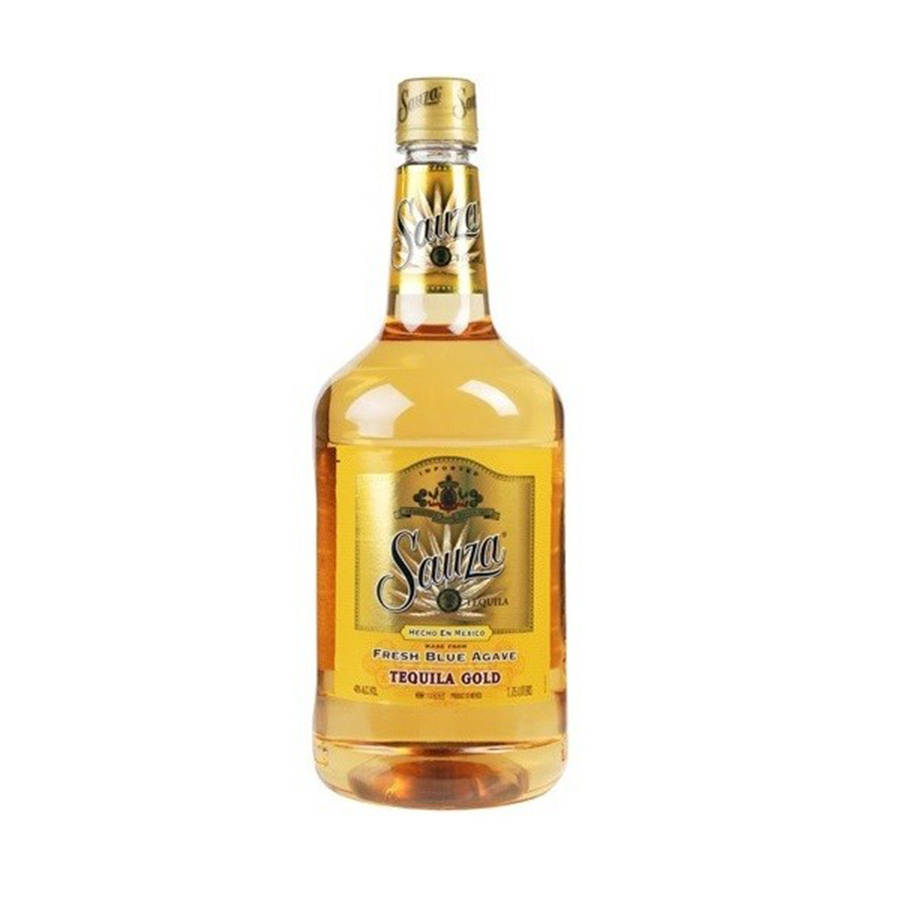 Sauza Tequila Gold 酒瓶，帶有金色標籤和透明液體。
