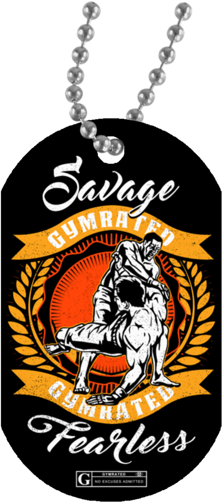 Savage Gumrated狗牌設計 壁紙 — 一個大膽的圖形設計，描繪兩名摔角手在珍珠項鍊下搏鬥，並帶有「Savage GYMRATED Fearless」文字。