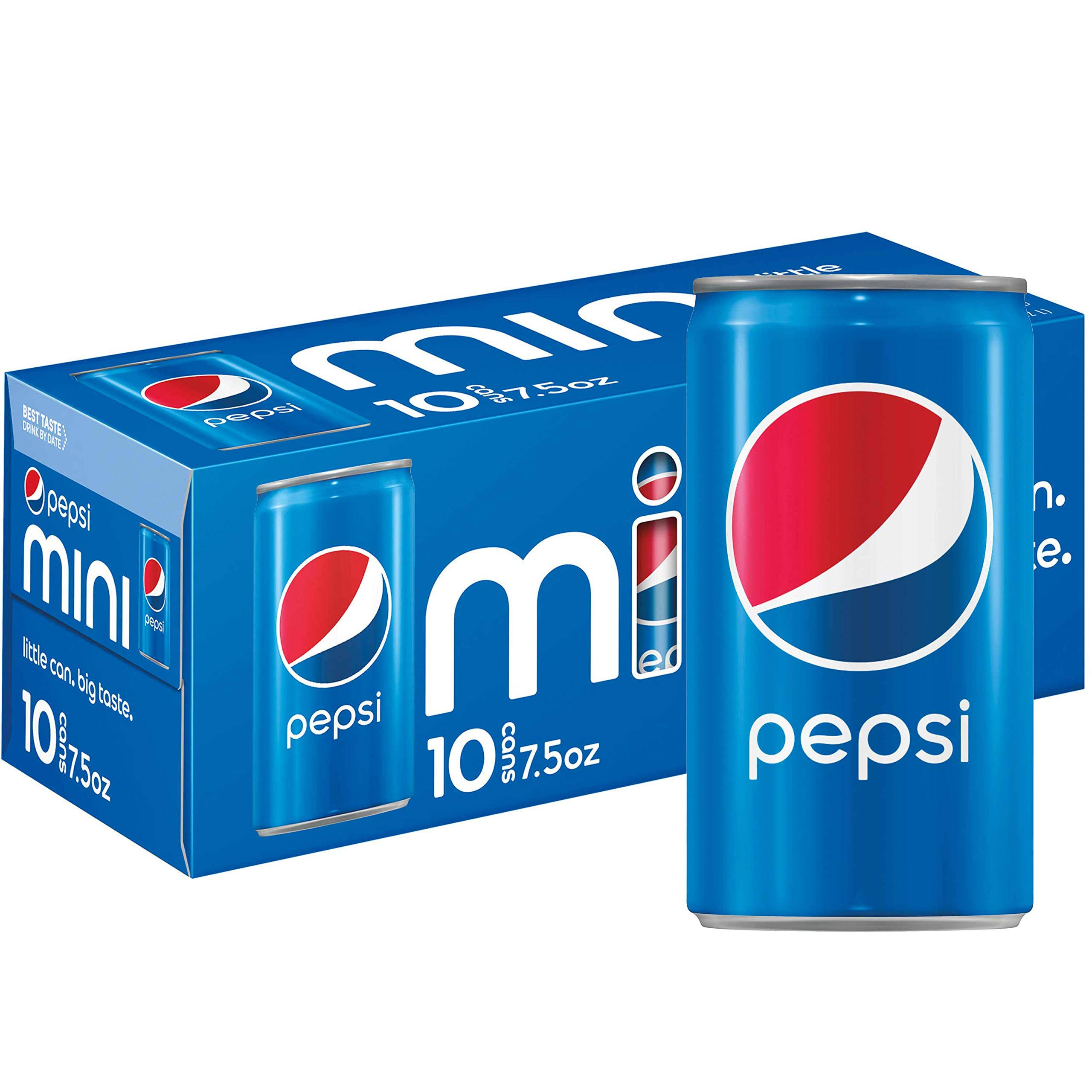 Save A Lot 超市 Diet Pepsi Cola 壁紙 — 一個藍色百事可樂迷你罐放在其相配的10罐裝盒前面，背景為純白色。
