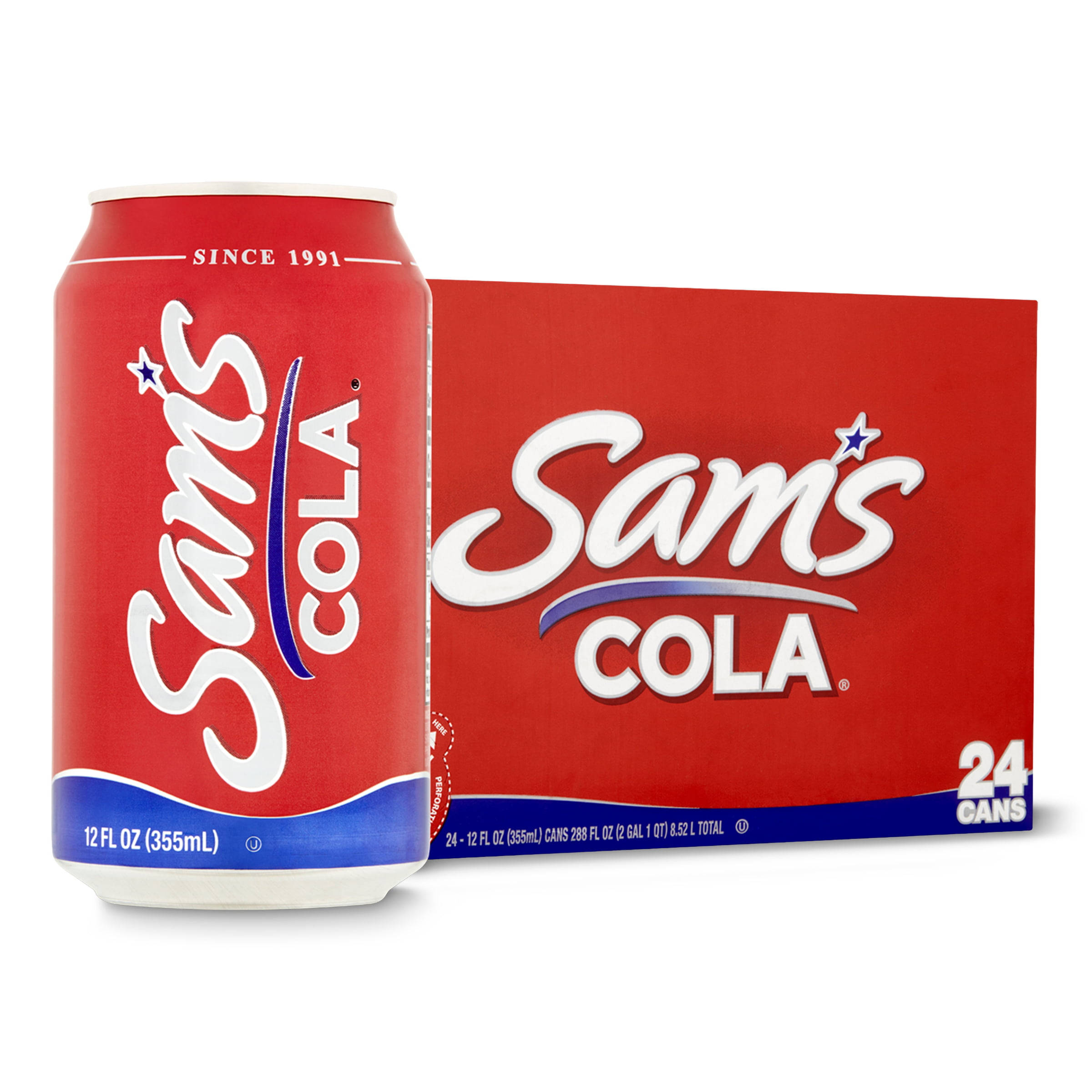 Save A Lot 超市 Sam's Cola 碳酸飲料 壁紙 — 一個紅色Sam's Cola罐放在其匹配的紅色24罐紙箱旁邊，背景為純白色。