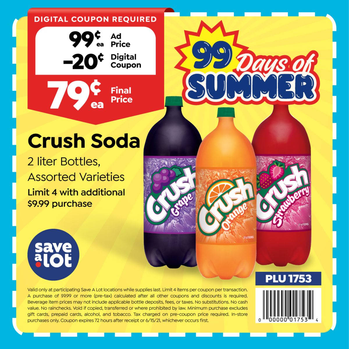 Save A Lot超市 Crush汽水促銷 壁紙 — Crush Soda 的鮮豔廣告，展示三個色彩繽紛的 2 公升瓶子，背景為明亮的黃色，並附有促銷價格詳情。