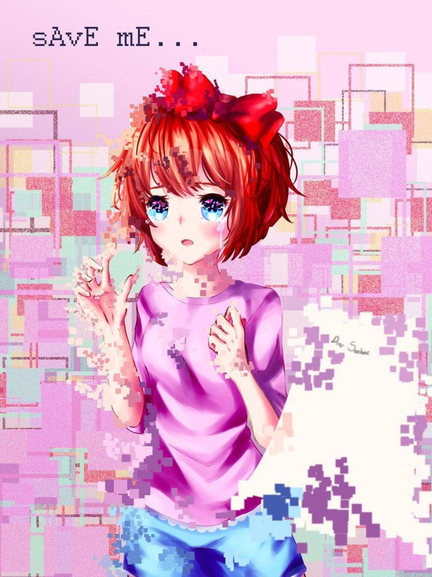 故障的Sayori（Doki Doki Literature Club） 壁紙 — 一個像素化的動漫女孩，紅髮藍眼，在帶有故障效果的粉彩背景前懇求幫助。