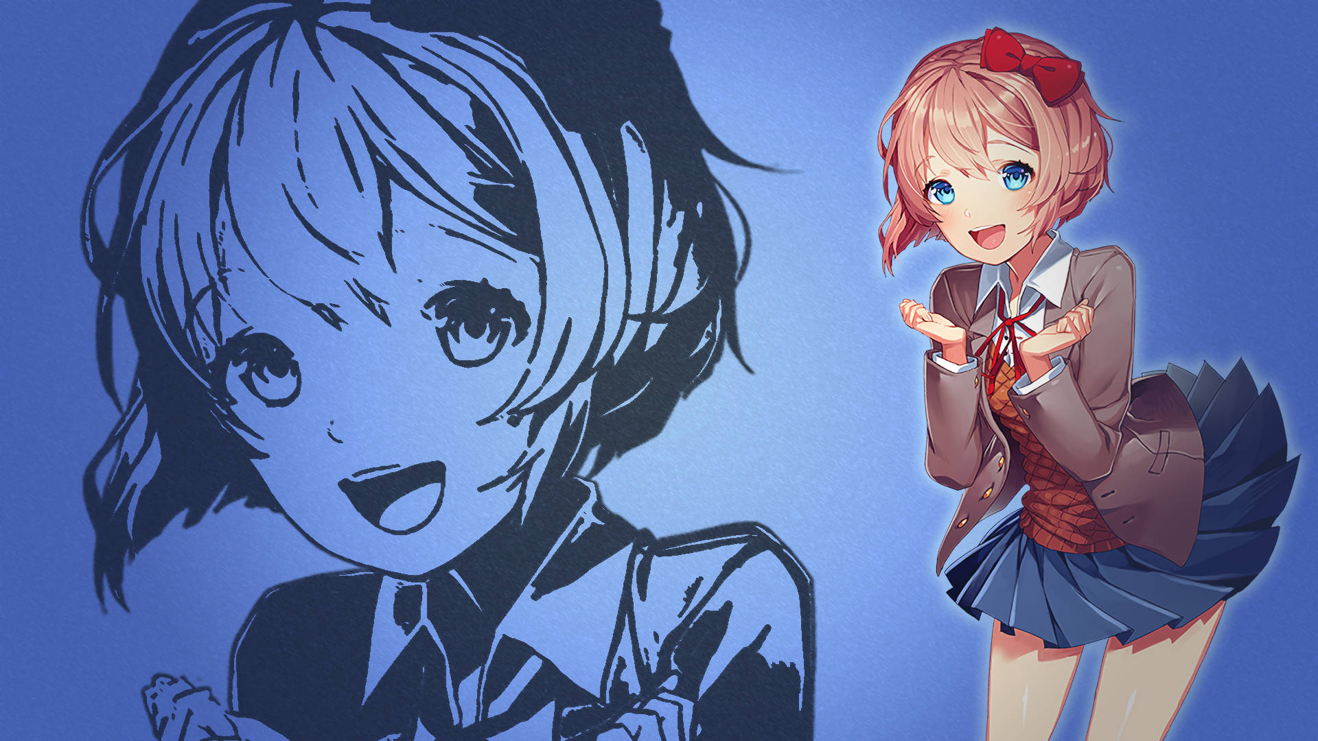 穿著校服嘅動漫女仔喺另一個女仔嘅藍色素描旁邊微笑。 — 俱樂部 壁紙