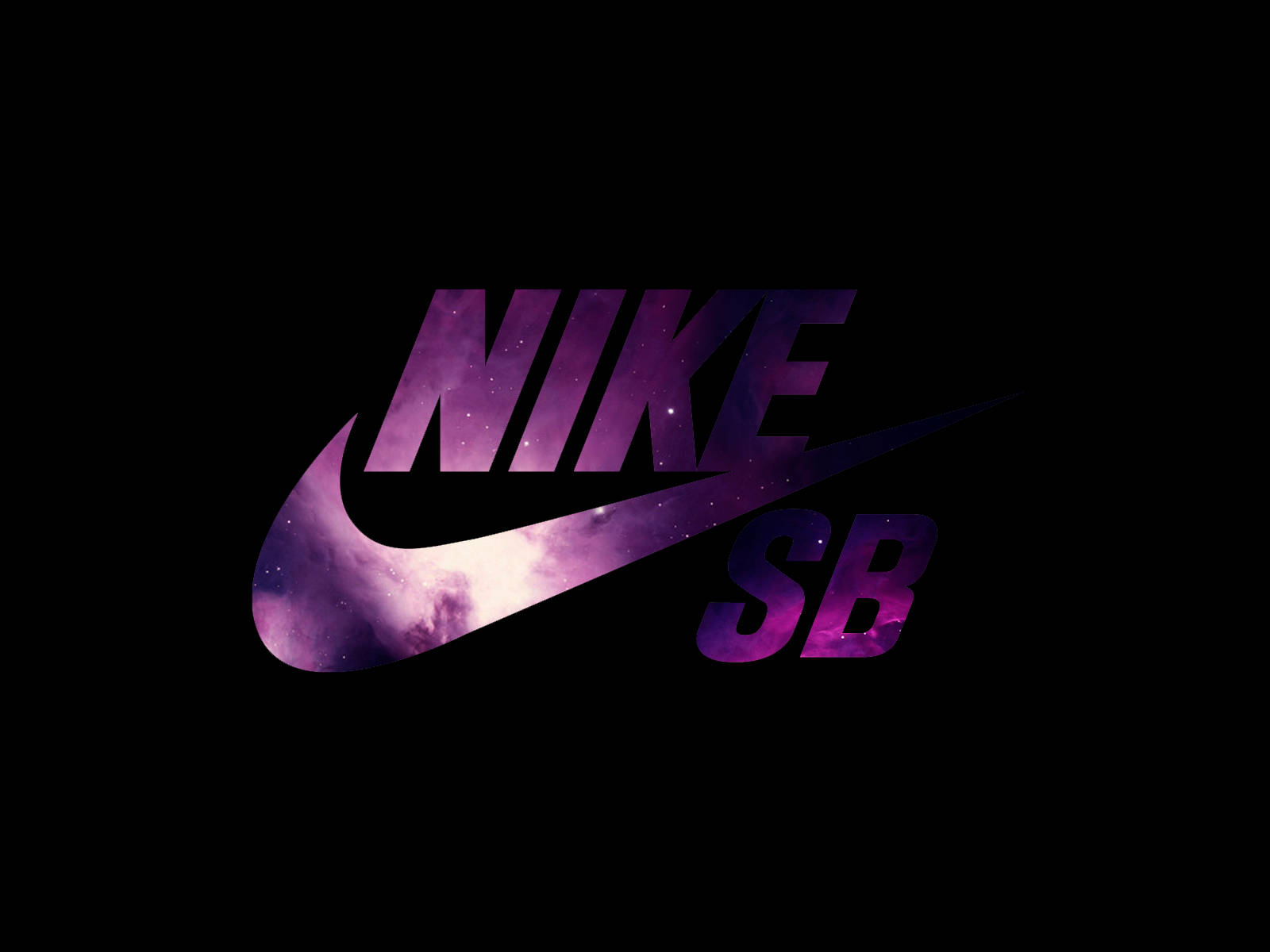 紫色星雲 SB 耐克 iPhone 壁紙 — Nike SB 標誌，以充滿活力的紫色星雲和星星填充，背景為黑色。