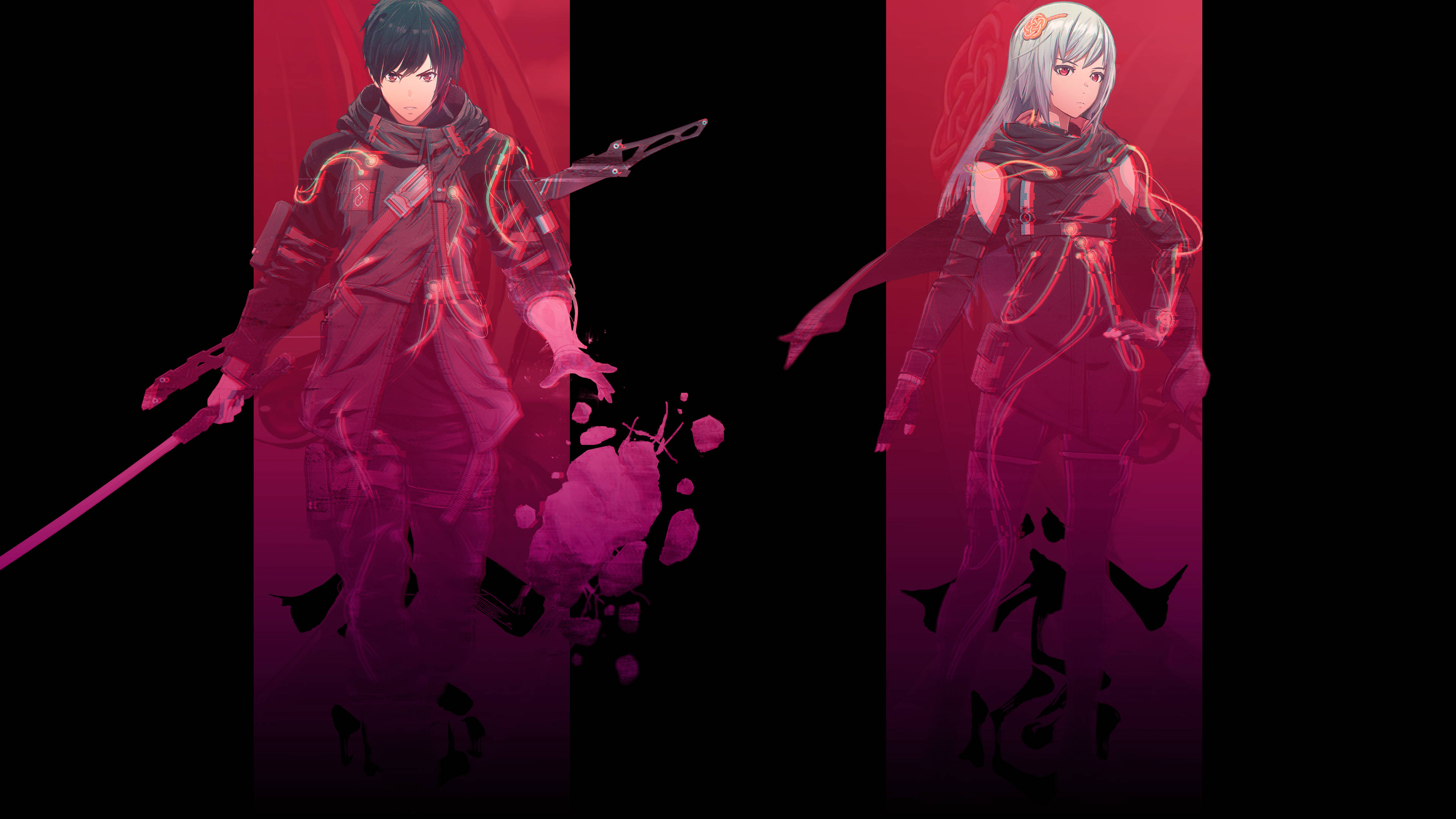 Scarlet Nexus 絕對雙人組 壁紙 — 兩個身穿深色服裝、帶有發光紅色點綴的動漫角色，站在鮮豔的紅黑背景前。