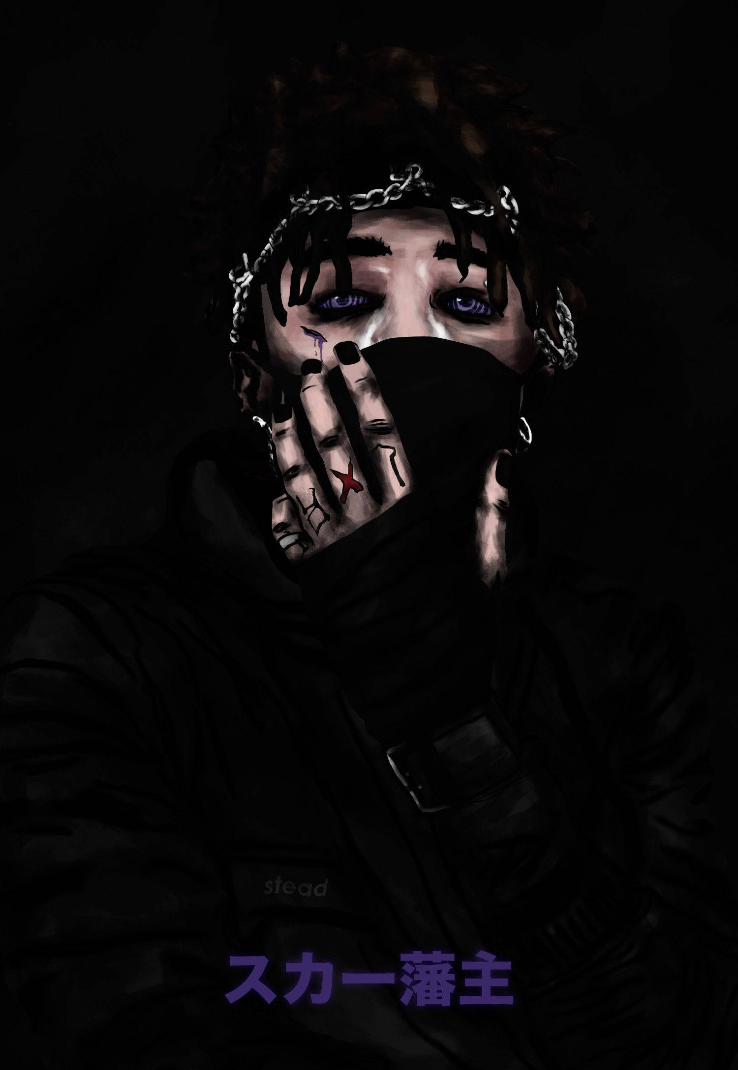 Scarlxrd 三勾玉寫輪眼 壁紙 — 一個黑暗的數碼藝術肖像，人物有發光的藍眼睛和頭髮上的鎖鏈，用戴手套的手遮住嘴巴。