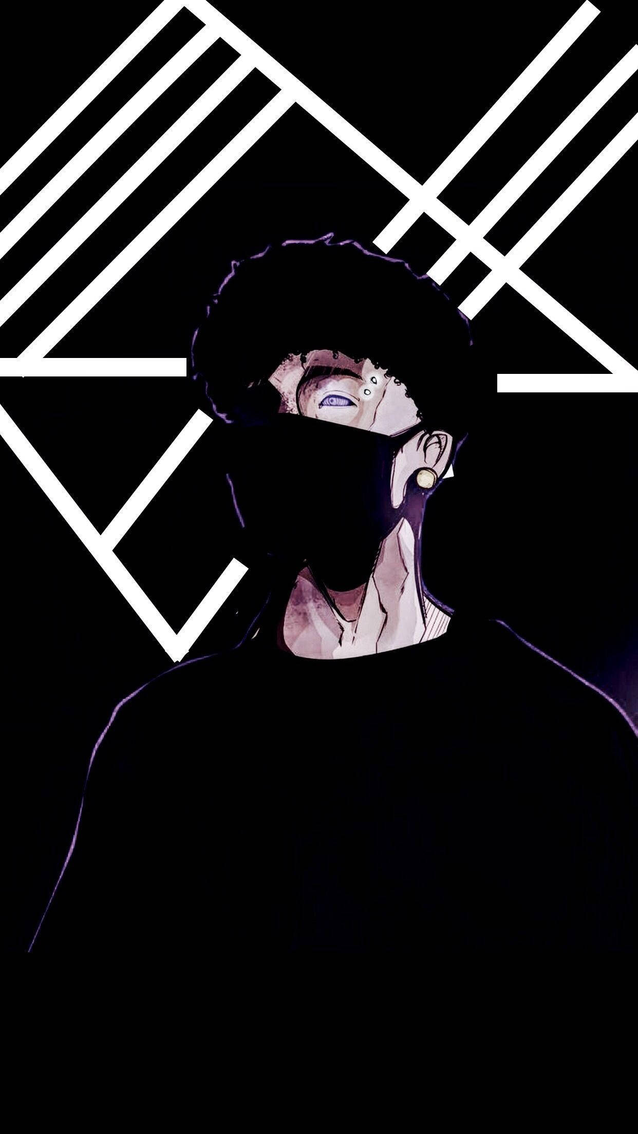 Scarlxrd 几何背景 壁紙 — 一個風格化的動漫角色，戴著黑色面具和紫色亮點，在帶有醒目白色幾何線條的純黑背景上向上凝視。