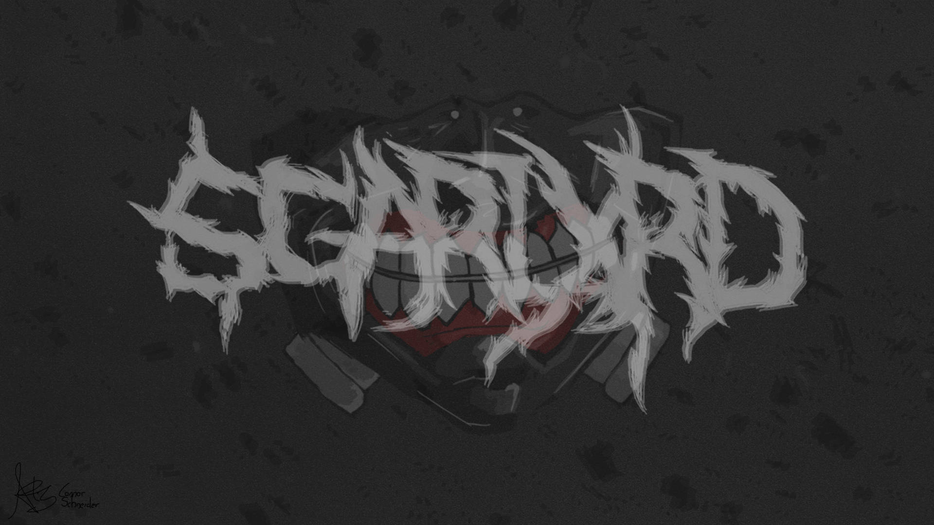 Scarlxrd 在音樂演唱會現場演出 壁紙 — 一個帶有威脅性的白色鋸齒標誌，拼寫SCARHEAD，背後有一個紅色咧嘴笑的口，在深色紋理背景上。