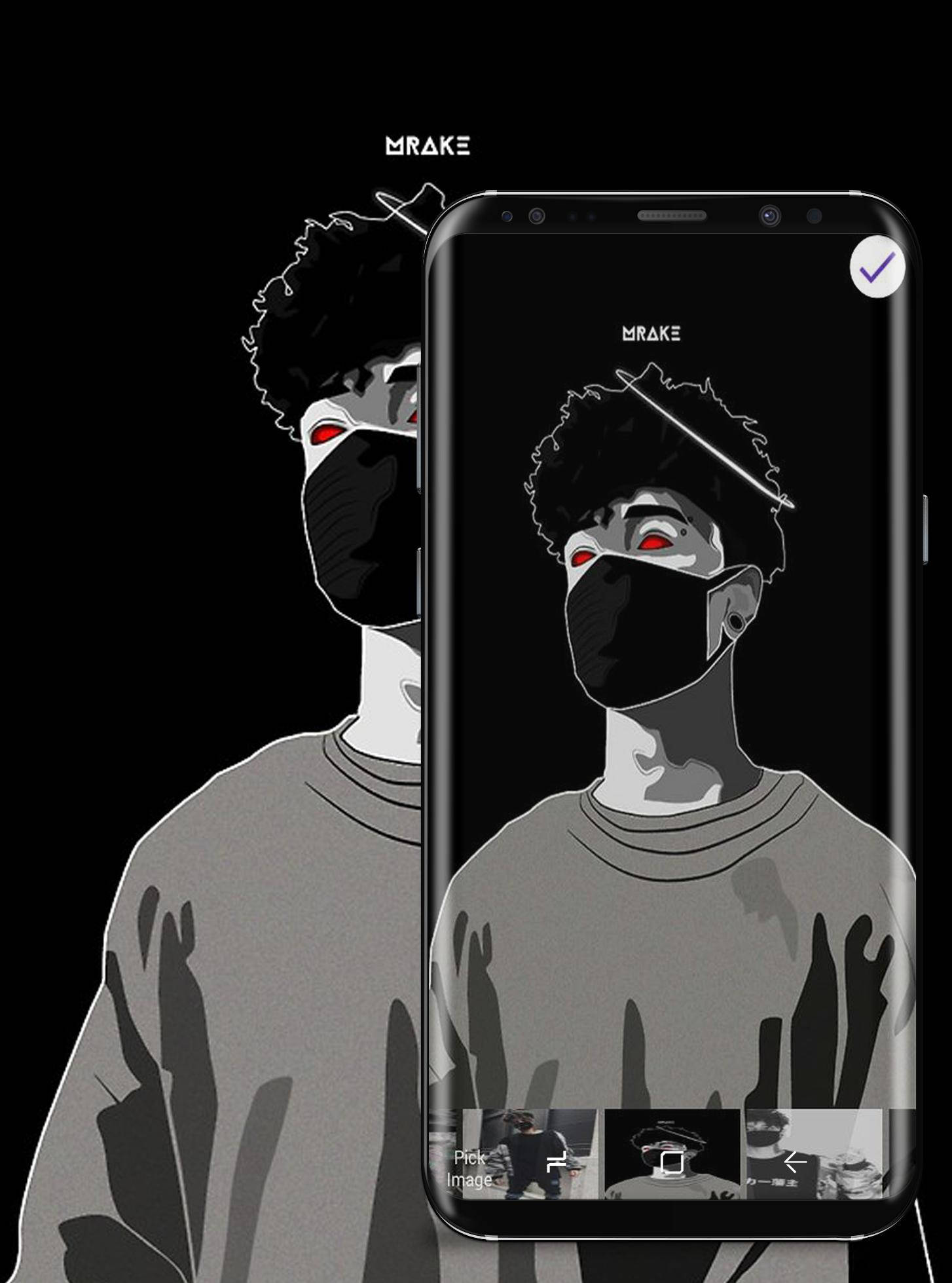 Scarlxrd 手機插畫 壁紙 — 一個戴面具、眼睛發出紅光的風格化數碼藝術肖像出現在智能手機屏幕上及其後方，背景為黑色。
