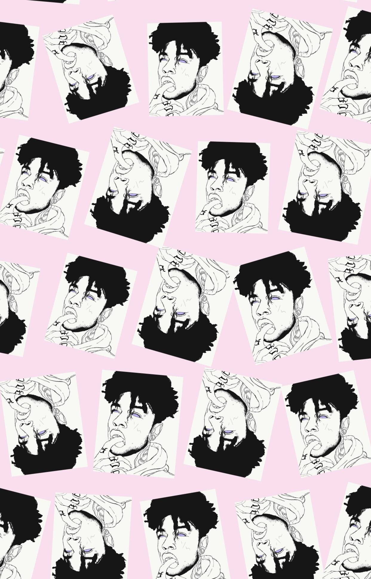 Scarlxrd 搞笑造型 壁紙 — 在柔軟的粉紅色背景上重複的黑白插圖肖像，描繪一個有紋身的男人。