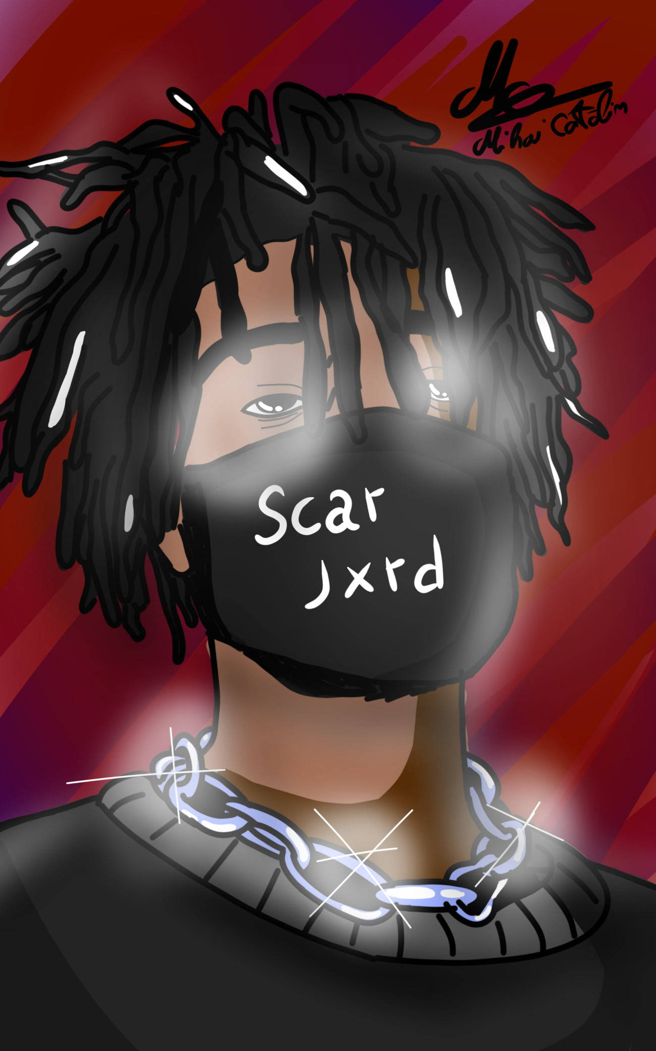Scarlxrd 紅色粉絲藝術 壁紙 — 一個風格化的數碼肖像，人物留著辮子，戴著標有 Scar Jxrd 的黑色面具和發光的鏈條項鍊，背景是鮮豔的紅色。
