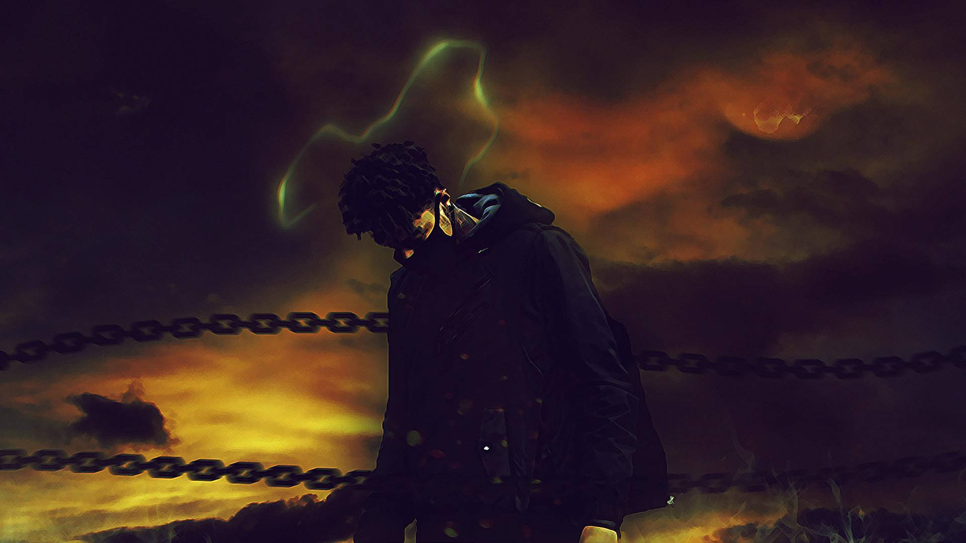 Scarlxrd 行屍走肉 壁紙 — 一個戴著兜帽的身影被鎖鏈鎖住，背景是熾熱的日落天空，上方有發光的綠色能量噼啪作響。