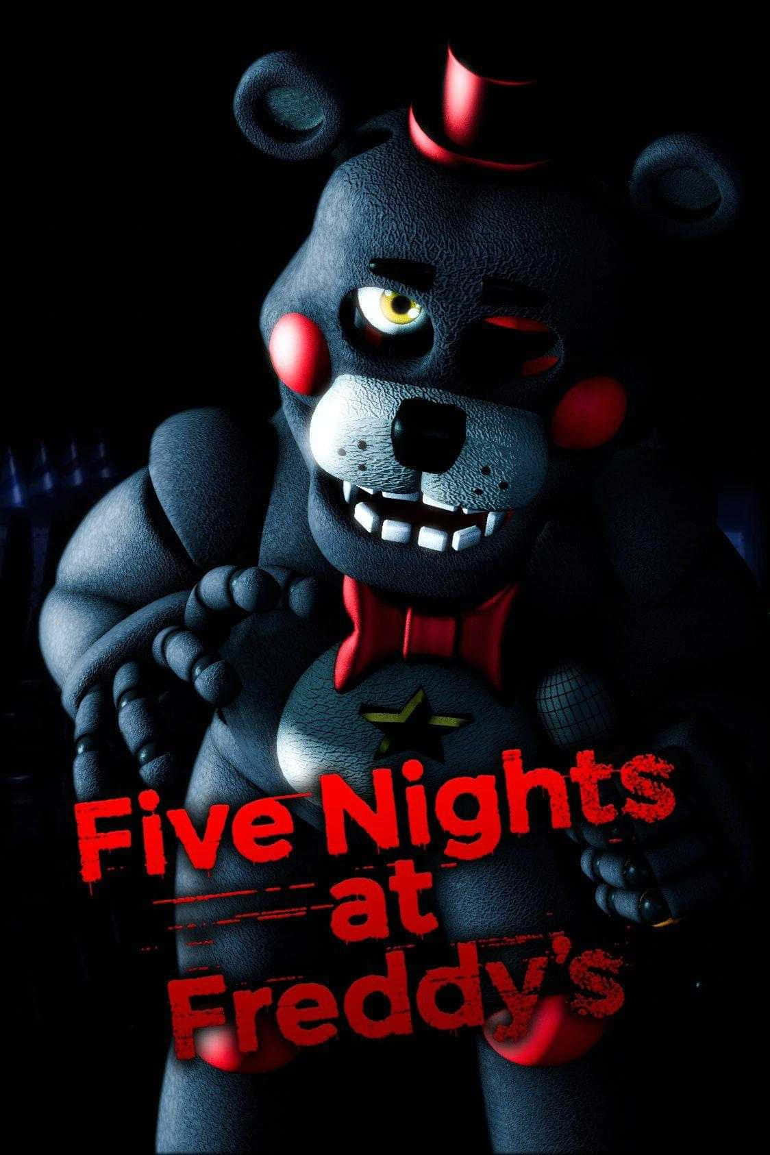 來自《Five Nights at Freddy's》的可怕機械熊，帶有發光眼睛和紅色蝴蝶結。