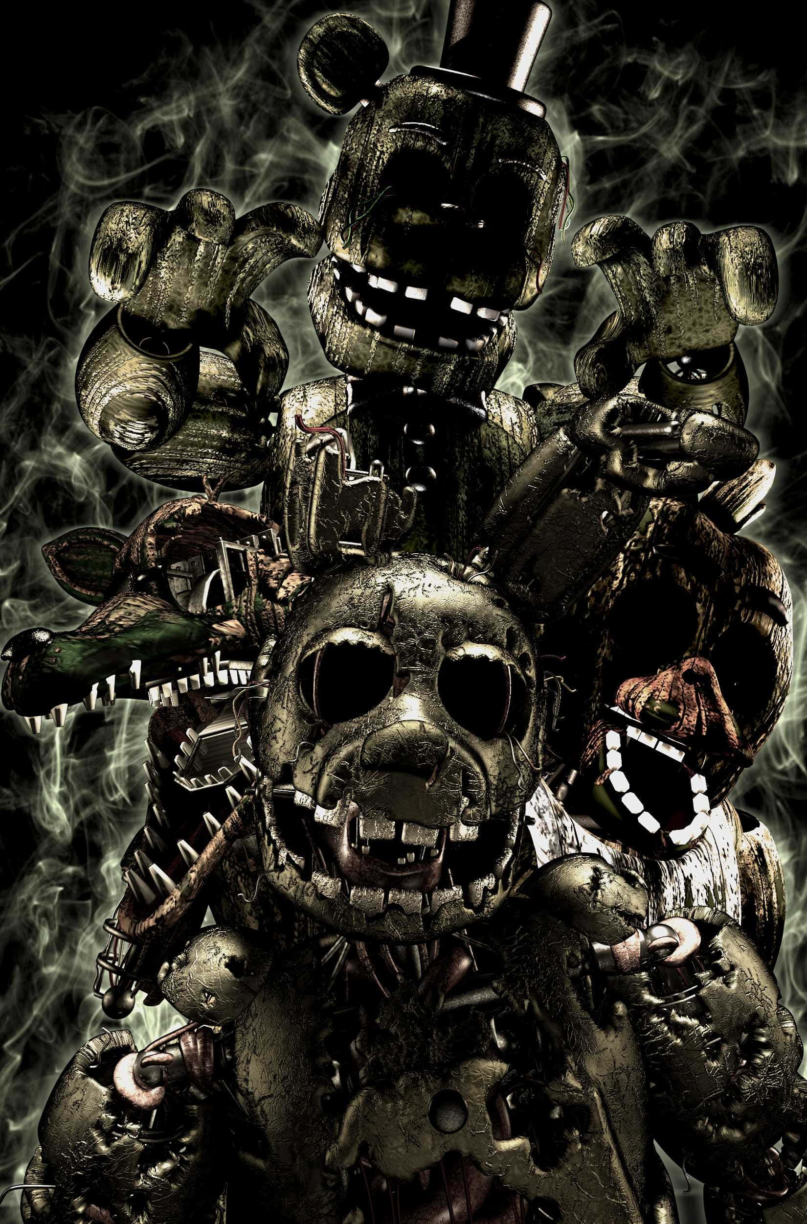 Scary Fnaf - 威脅動畫機器人準備行動 壁紙 — 骯髒的電子動畫角色，牙齒破損，煙霧漩渦，營造出威脅性的恐怖場景。