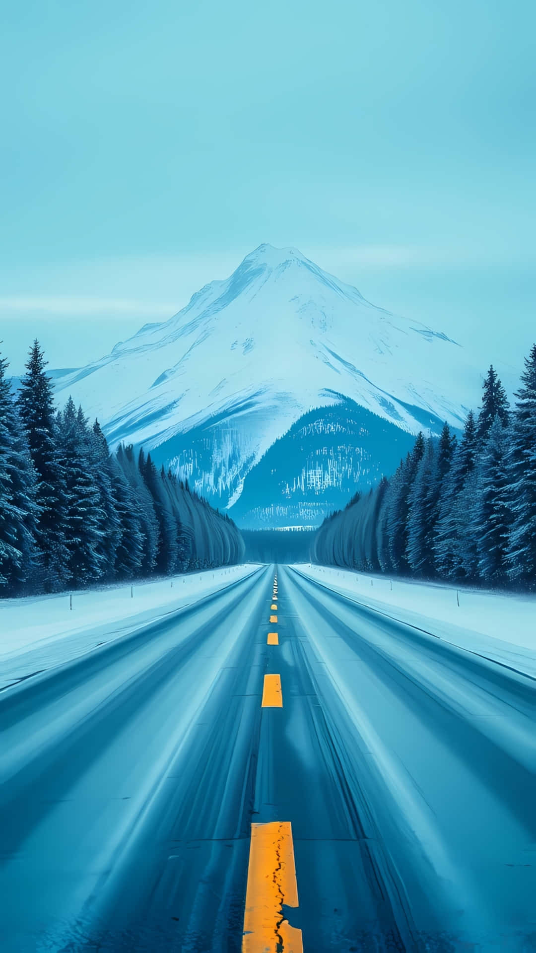 通往山峰的雪覆蓋高速公路，兩旁有常綠樹