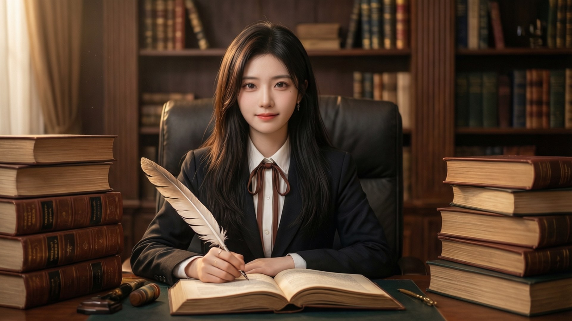 一位身穿西裝的女性在圖書館的桌前用羽毛筆寫字，周圍堆滿書籍。