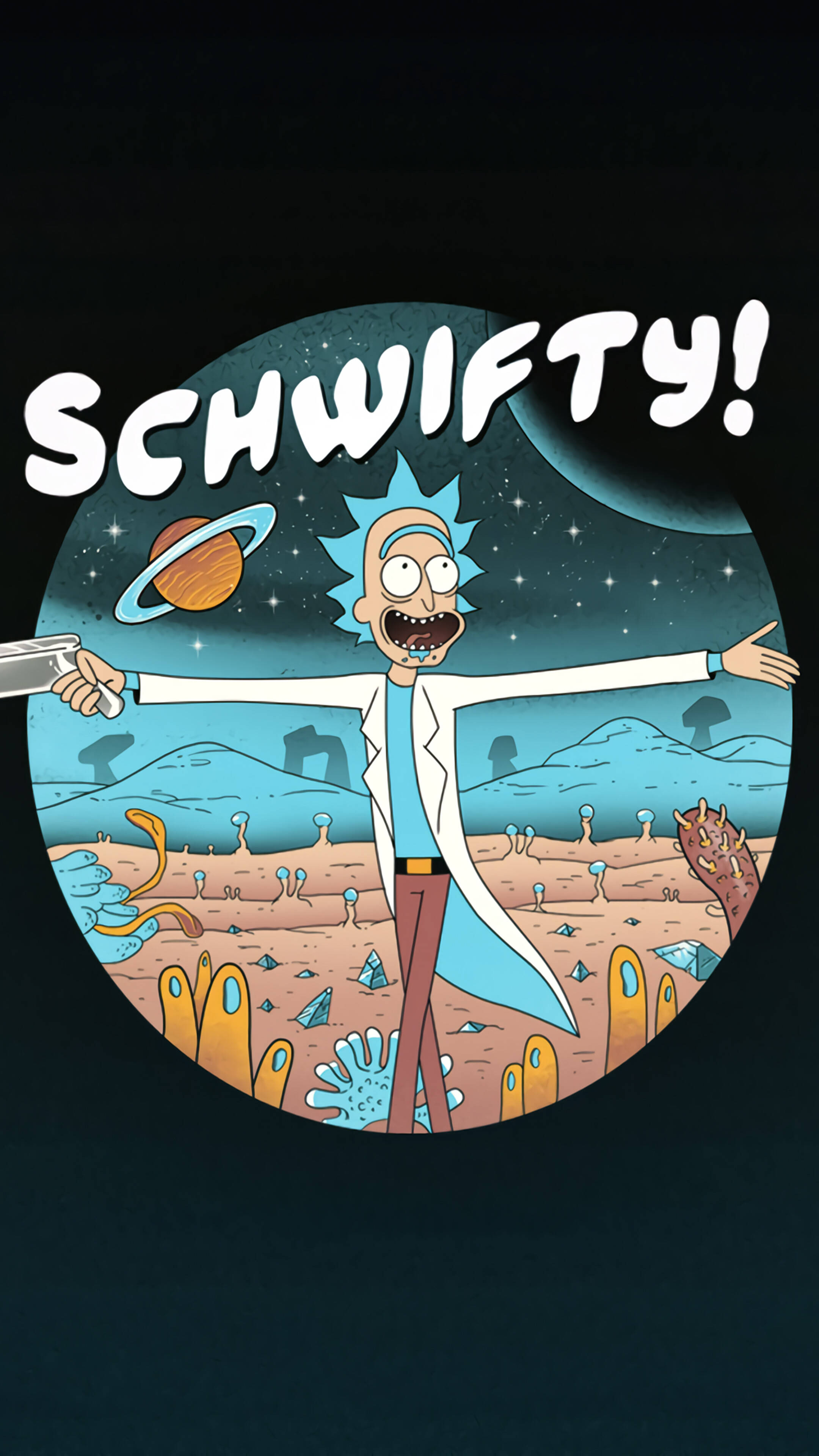 瑞克·桑切斯說「Schwifty」 壁紙 — 《瑞克和莫蒂》中的瑞克·桑切斯在外星行星上張開雙臂，在星空下（有類似土星的行星）勝利地站立。