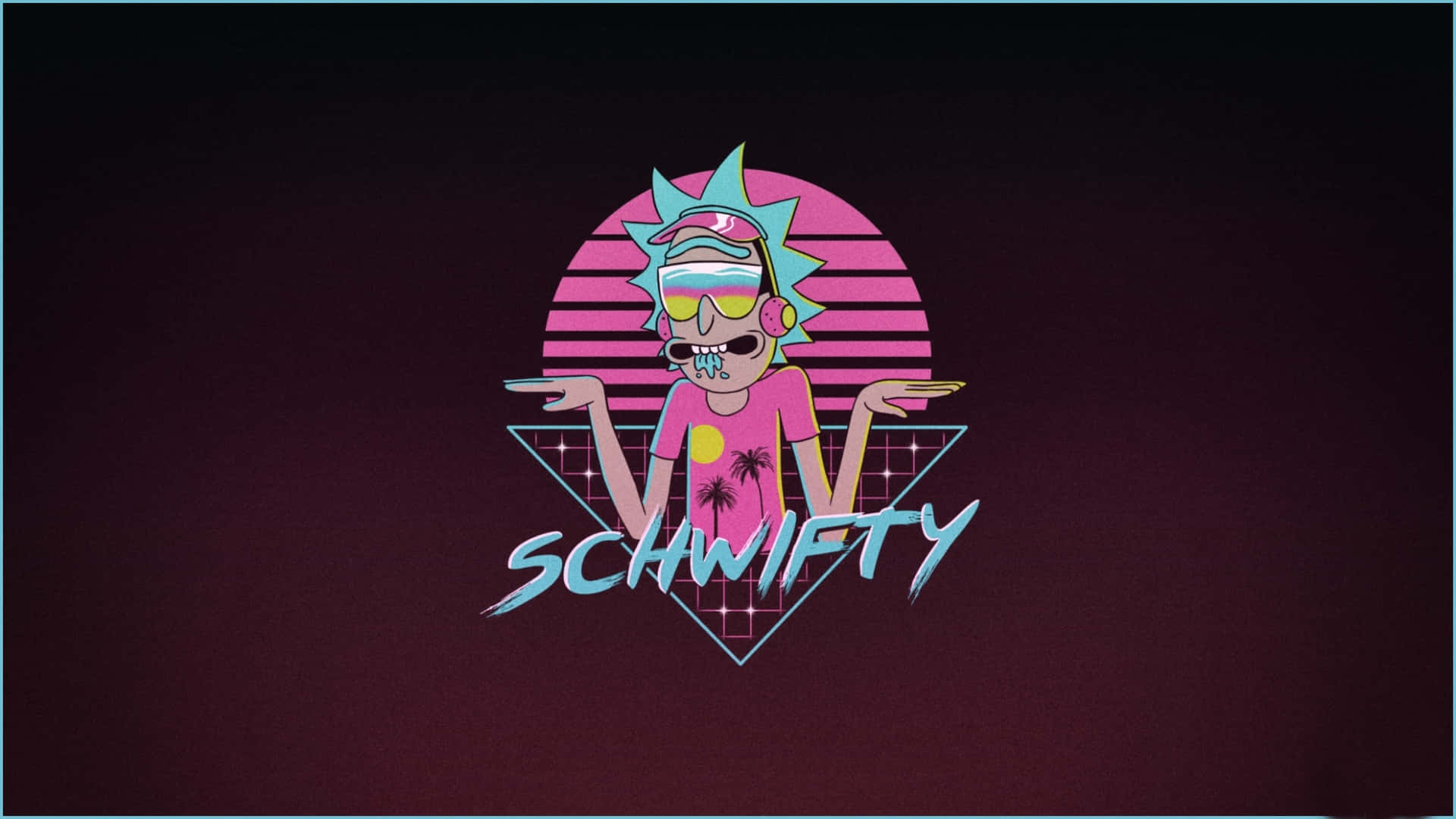 Rick Sanchez 戴上太陽眼鏡和粉紅色襯衫，帶有 'SCHWIFTY' 文字，背景為粉紅色日落。