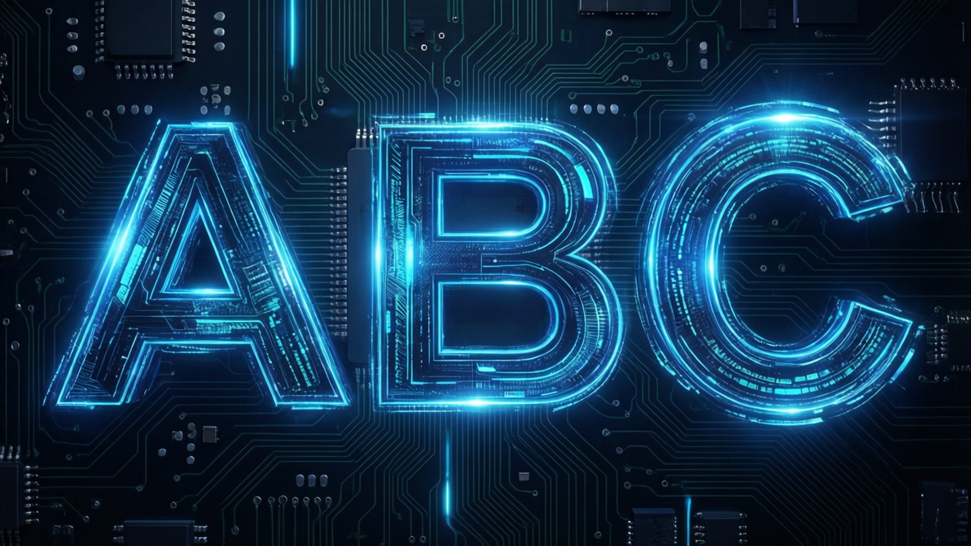 深色電路板上的發光藍色字母ABC，帶有發光路徑
