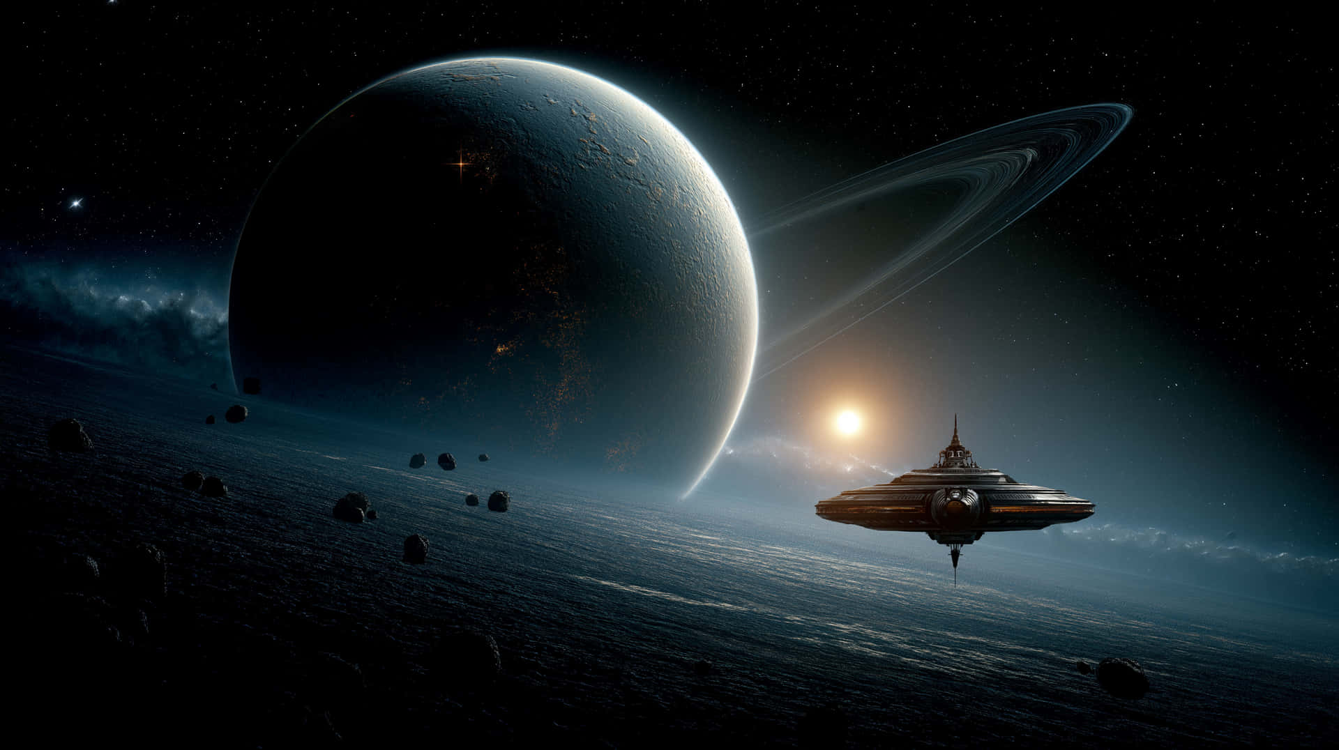 未來太空船在星空下飛越環狀行星附近的異星海洋