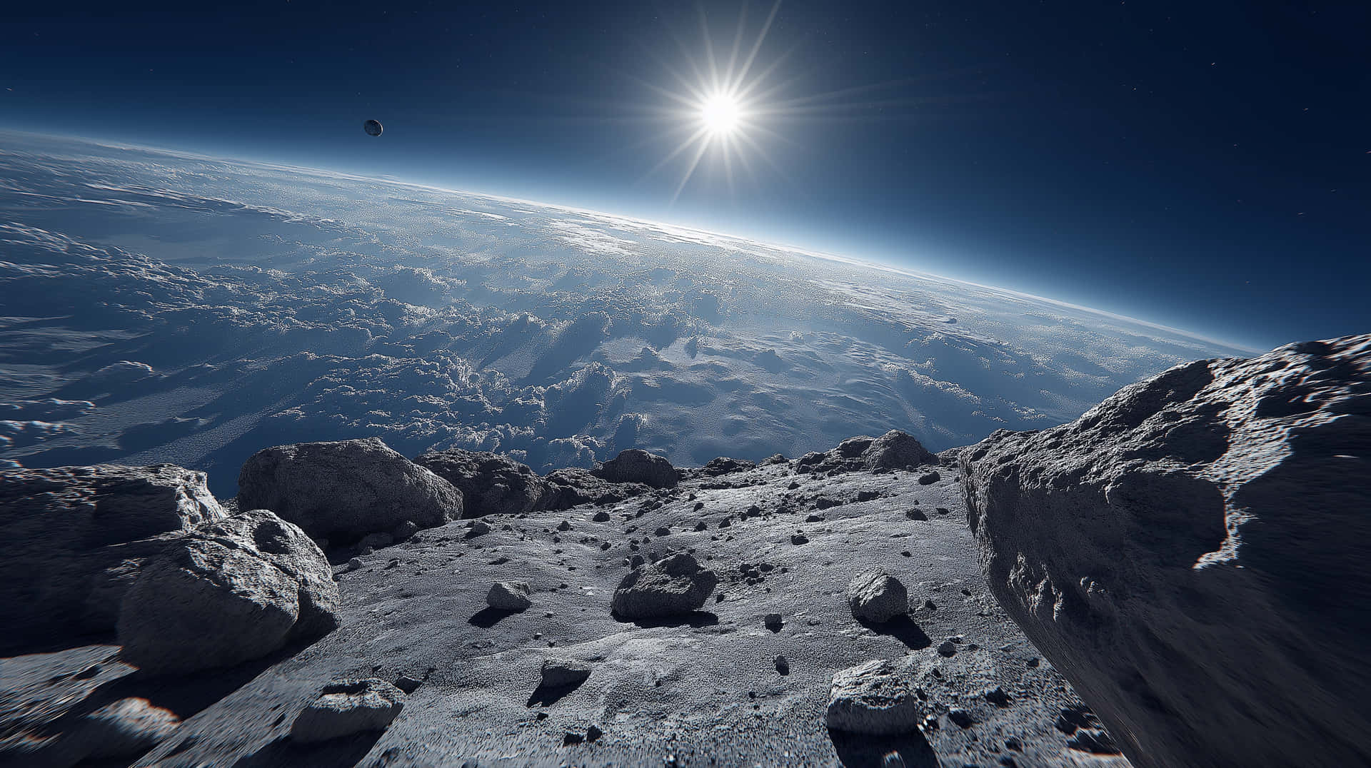 岩石小行星表面，在明亮的陽光下，天空可見地球和月亮。