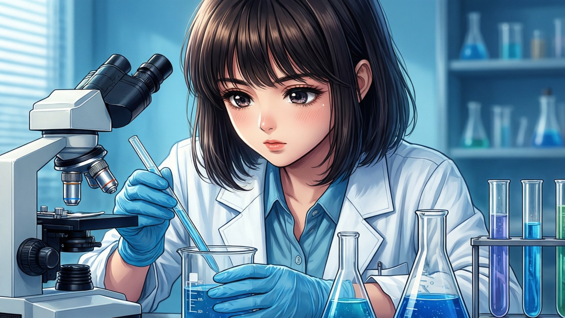 年輕女科學家在實驗室中用顯微鏡和試管攪拌燒杯中的藍色液體