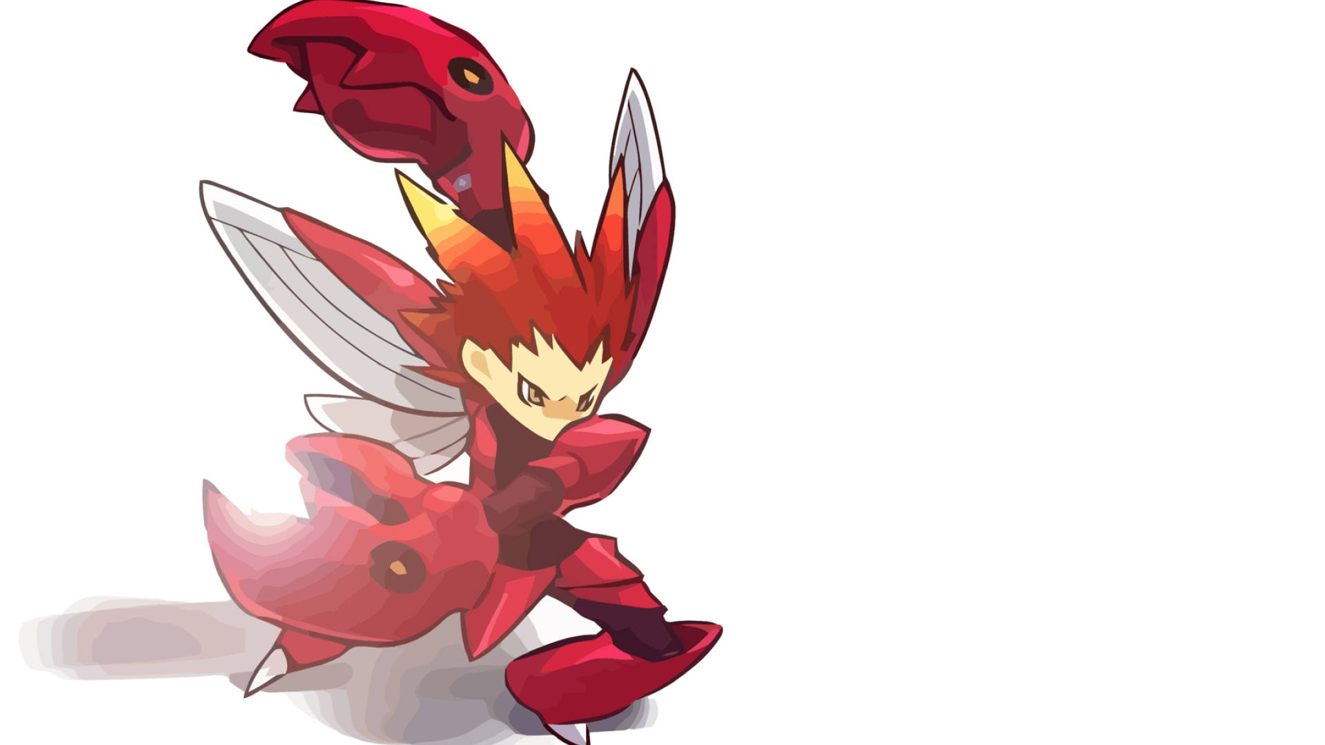 Scizor 人形藝術 壁紙 — 一個火紅色的動漫風格生物，有翅膀和龍頭，在純白色背景前擺出動態姿勢。