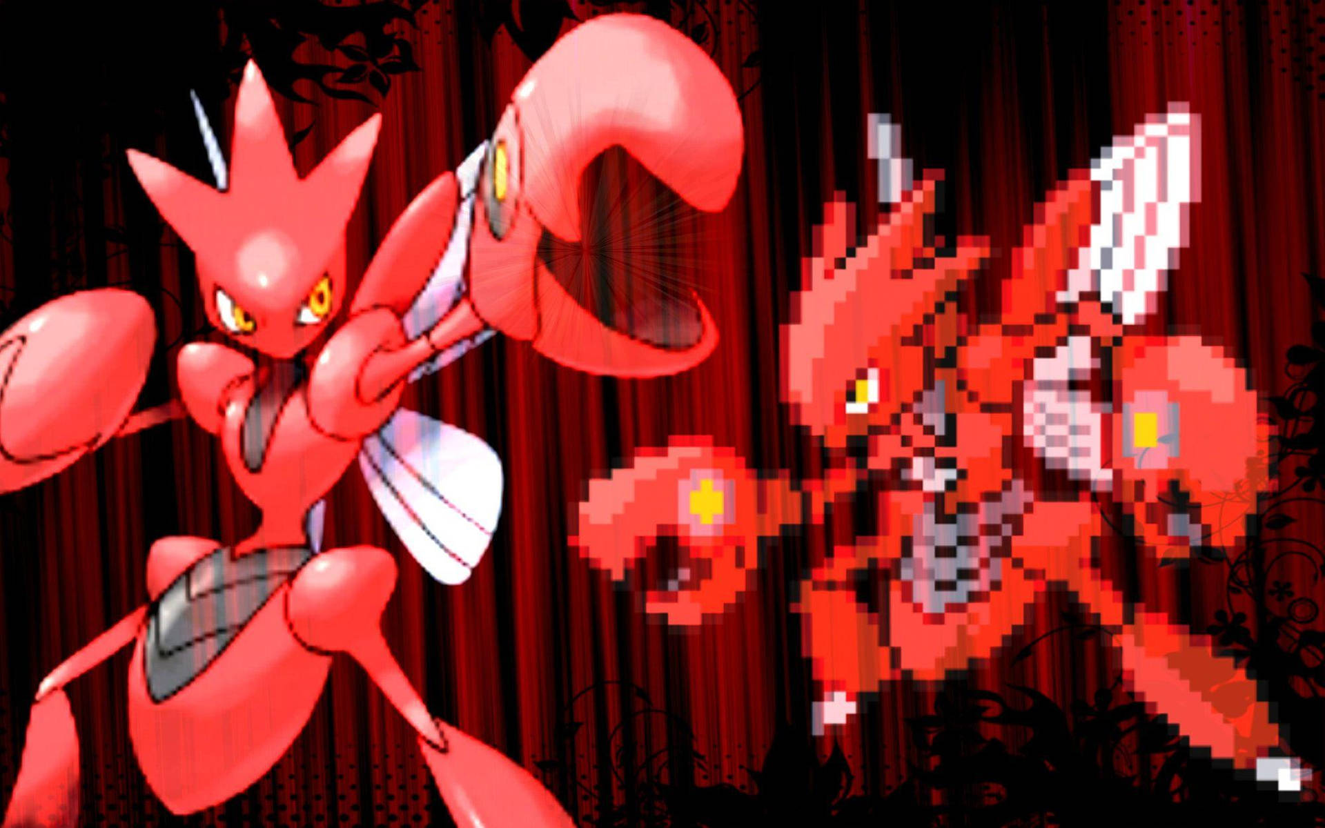Scizor - 动漫與遊戲世界中的強大存在 壁紙 — 兩隻火紅色的寶可夢在深紅色窗簾背景下動態戰鬥，像素化和平滑的藝術風格並排呈現。