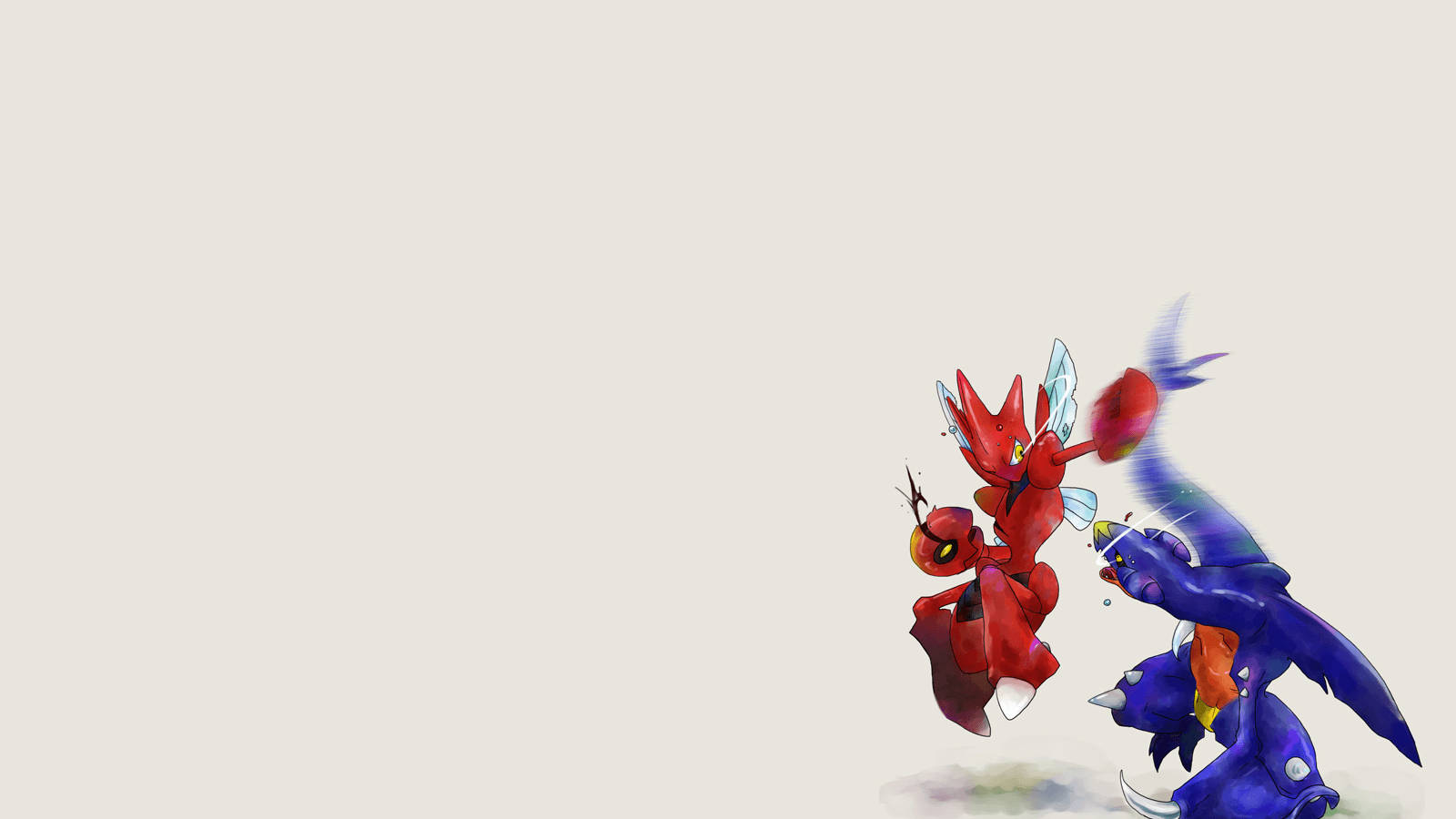 Scizor 與 Garchomp 激戰 壁紙 — 兩隻風格化的奇幻生物——一隻紅色有翅膀，一隻藍色有角——在純米色背景上動態碰撞。