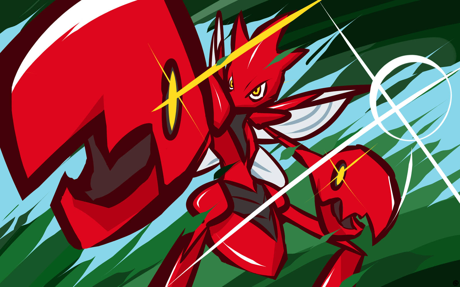 Scizor 高清動態近照 壁紙 — 一隻紅色動畫風格昆蟲生物，擁有發光的黃色眼睛和白色翅膀，用一把巨大的紅色刀刃劃過綠色草地。