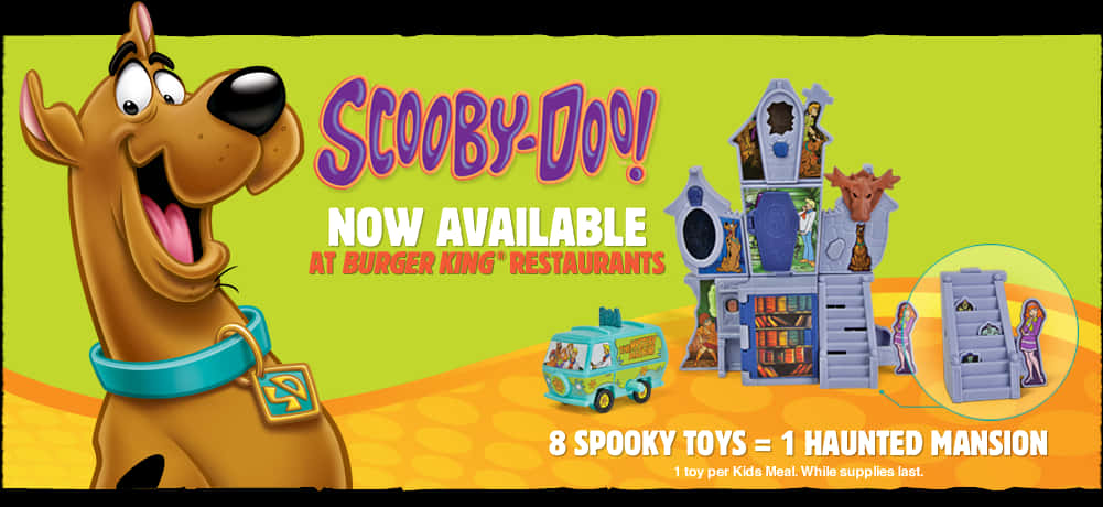 Scooby-Doo 聯名 Burger King 活動宣傳圖 壁紙 — 史酷比喺佢嘅貨車同鬼屋玩具旁邊，喺鮮亮嘅青檸綠色背景前開心咁笑。