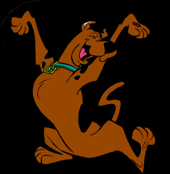 Scooby-Doo大笑卡通 壁紙 — 史酷比卡通角色在黑色背景前高興地舉起雙臂跳躍。