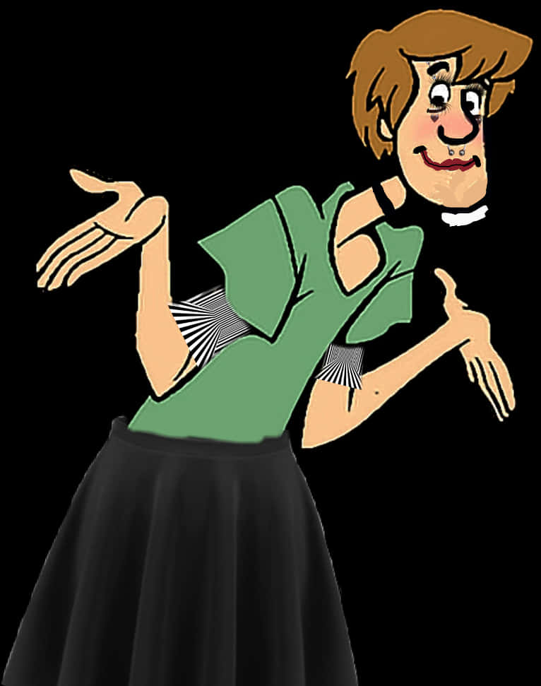 史高治·羅傑斯（Scooby-Doo）角色插畫 壁紙 — 一個卡通女人，棕色頭髮，穿著綠色襯衫，在黑色背景前雙手攤開聳肩。