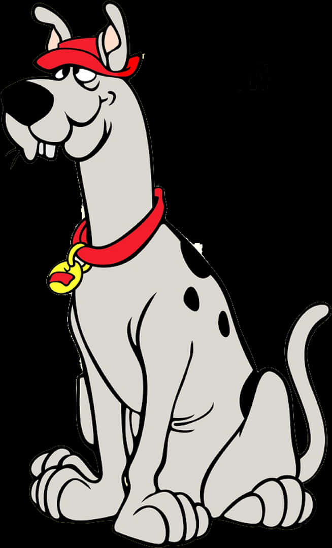 Scooby-Doo 紅帽向量圖 壁紙 — 一隻帶有黑色斑點的卡通大丹犬，戴著紅色頭巾和帶有黃色標籤的項圈，坐在黑色背景前。